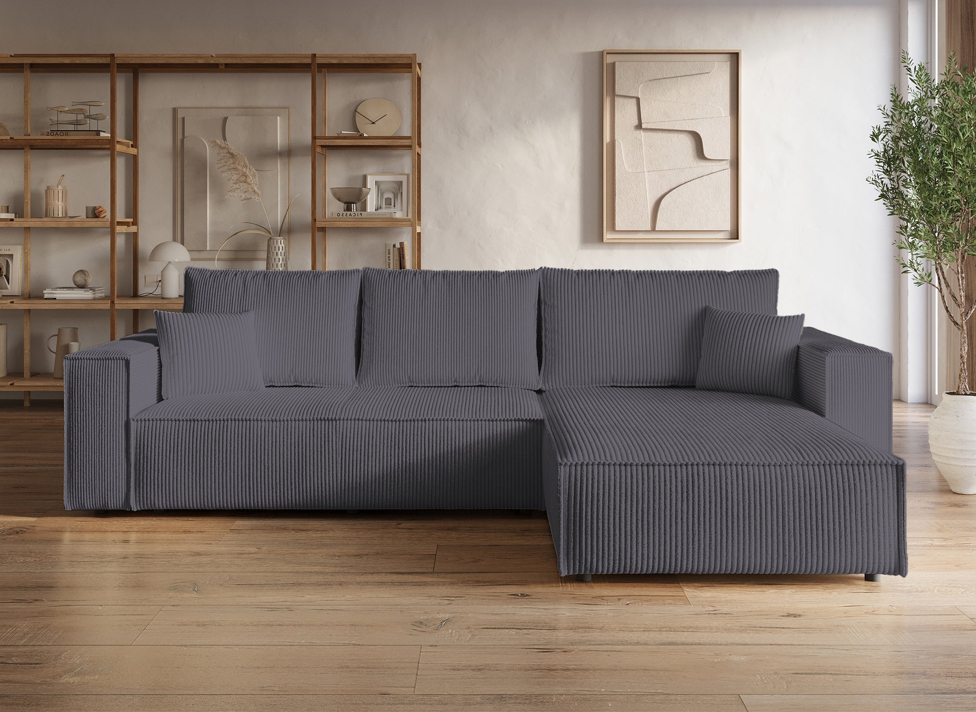 Sofá esquinero convertible y reversible con almacenaje en pana gris antracita - JADE