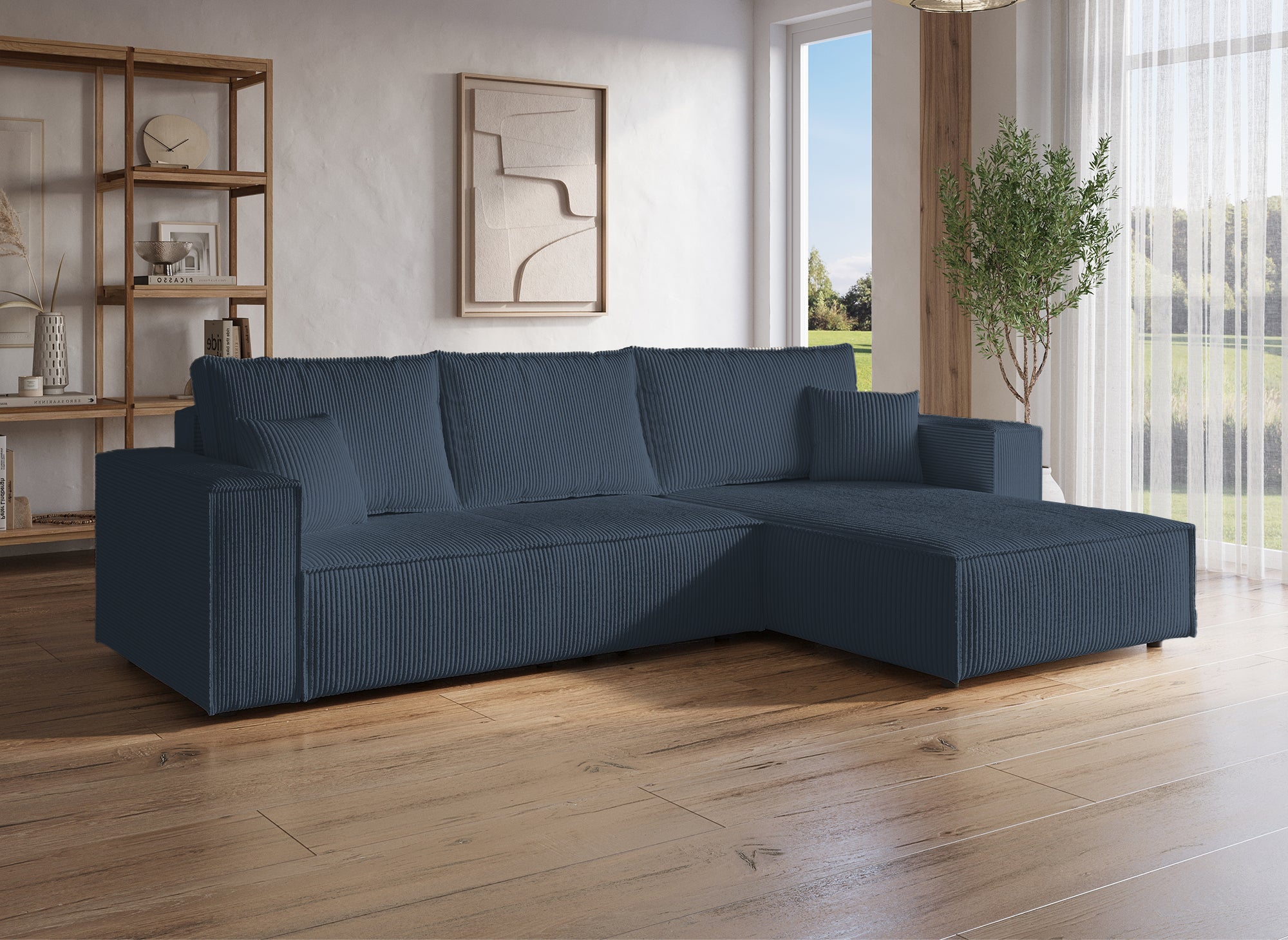 Sofá esquinero convertible y reversible con almacenaje en pana azul oscuro - JADE
