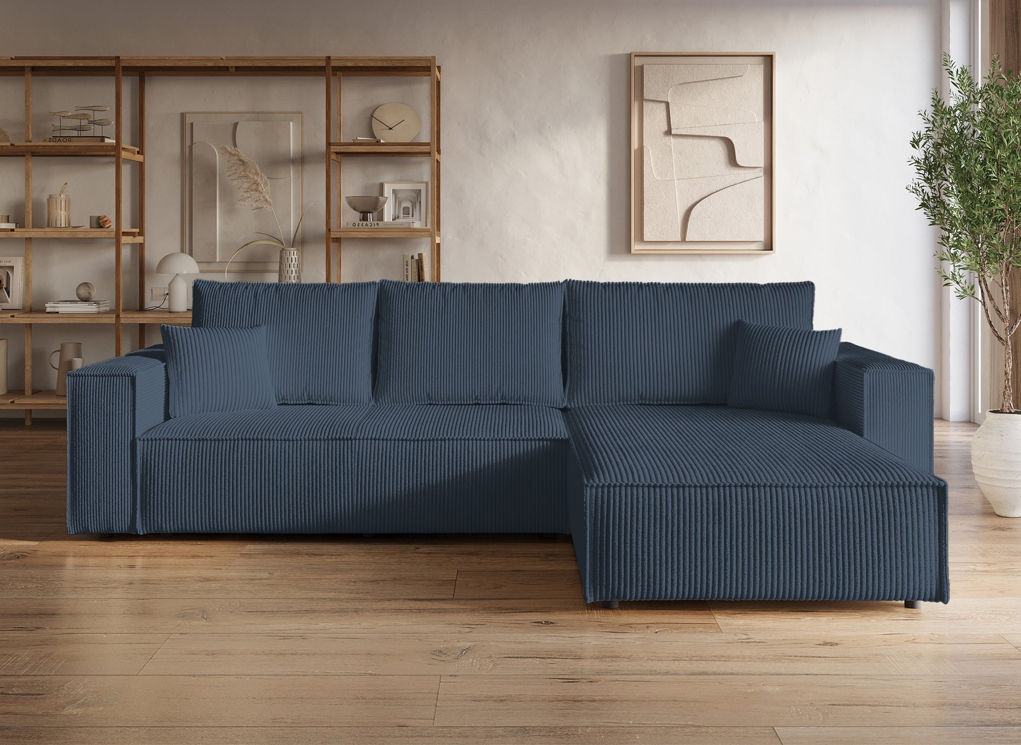 Sofá esquinero convertible y reversible con almacenaje en pana azul oscuro - JADE