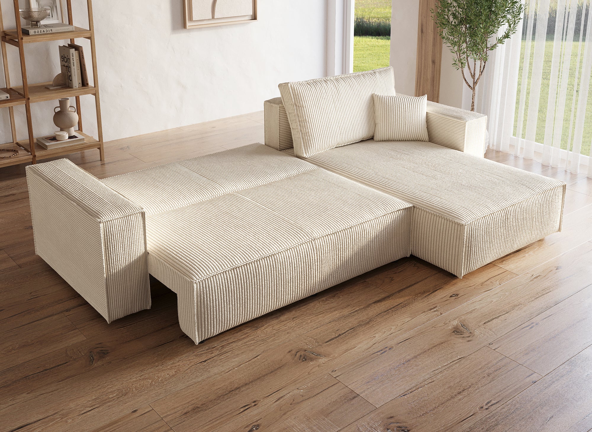 Sofá esquinero convertible y reversible con almacenaje en pana beige JADE