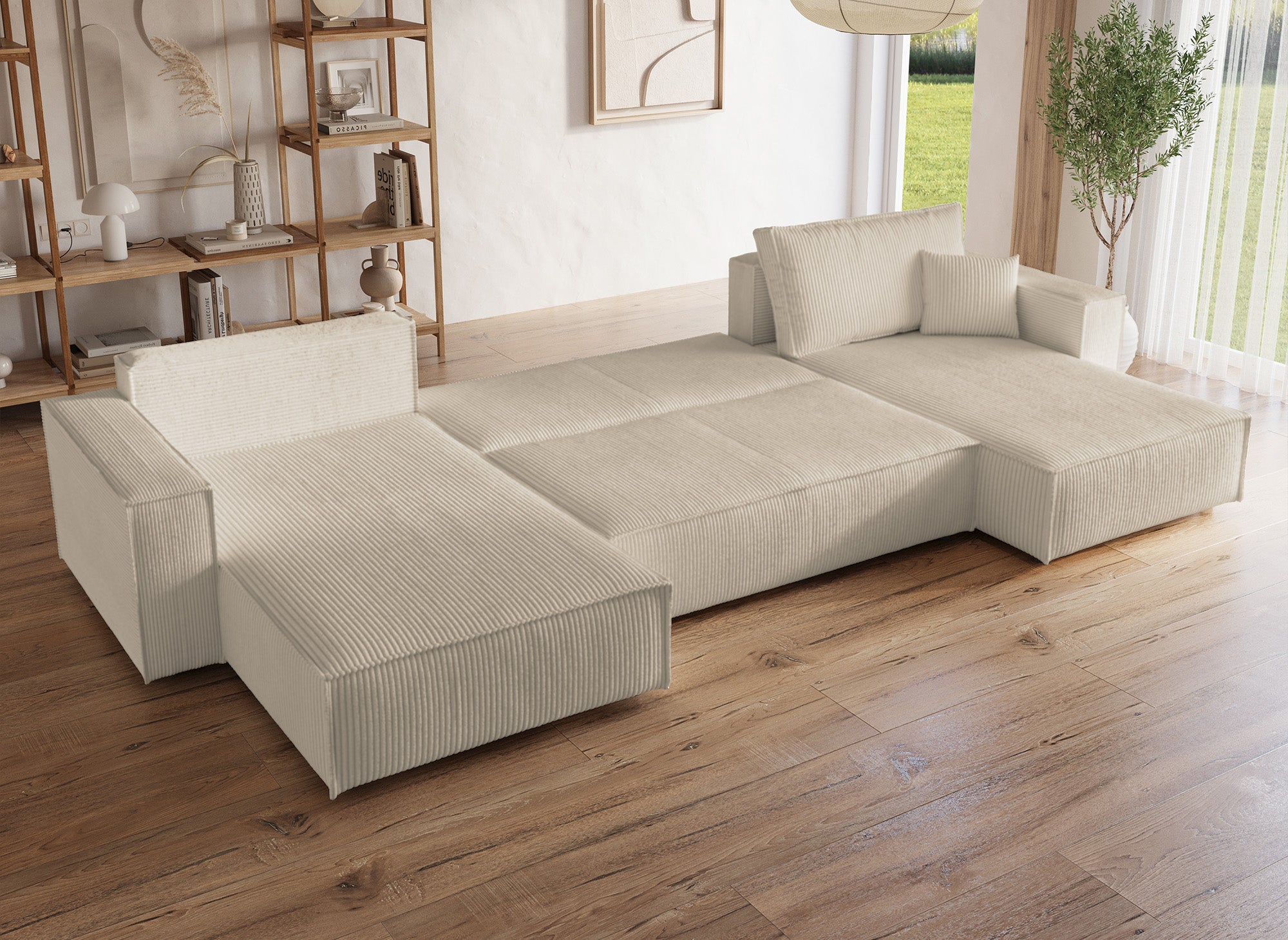 Sofá panorámico convertible JADE con almacenaje en pana beige