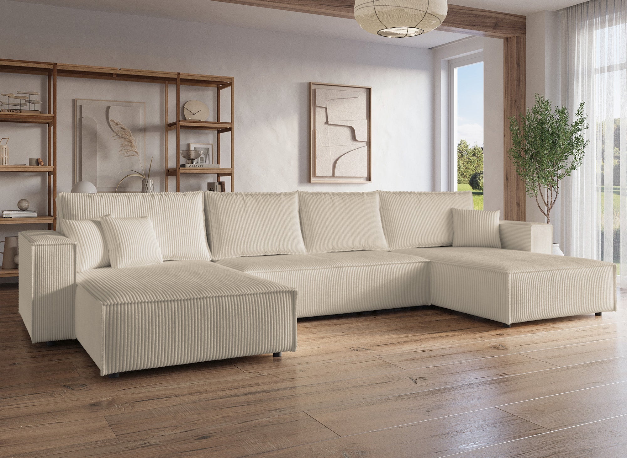 Sofá panorámico convertible JADE con almacenaje en pana beige