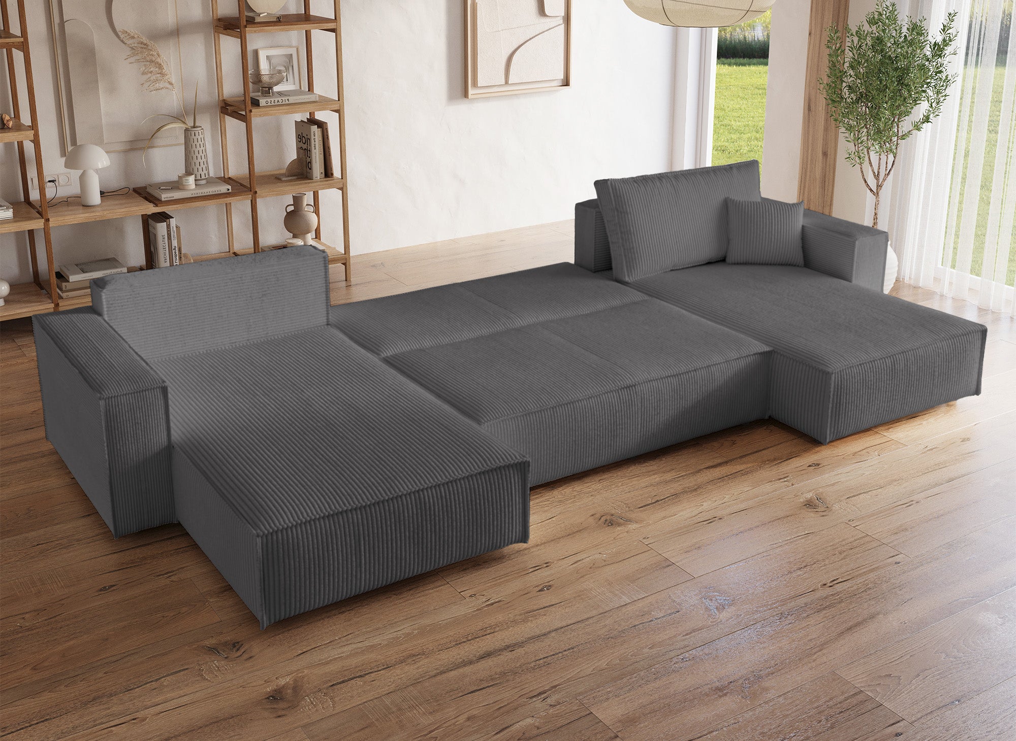 Sofá cama panorámico convertible JADE con almacenaje en pana gris antracita