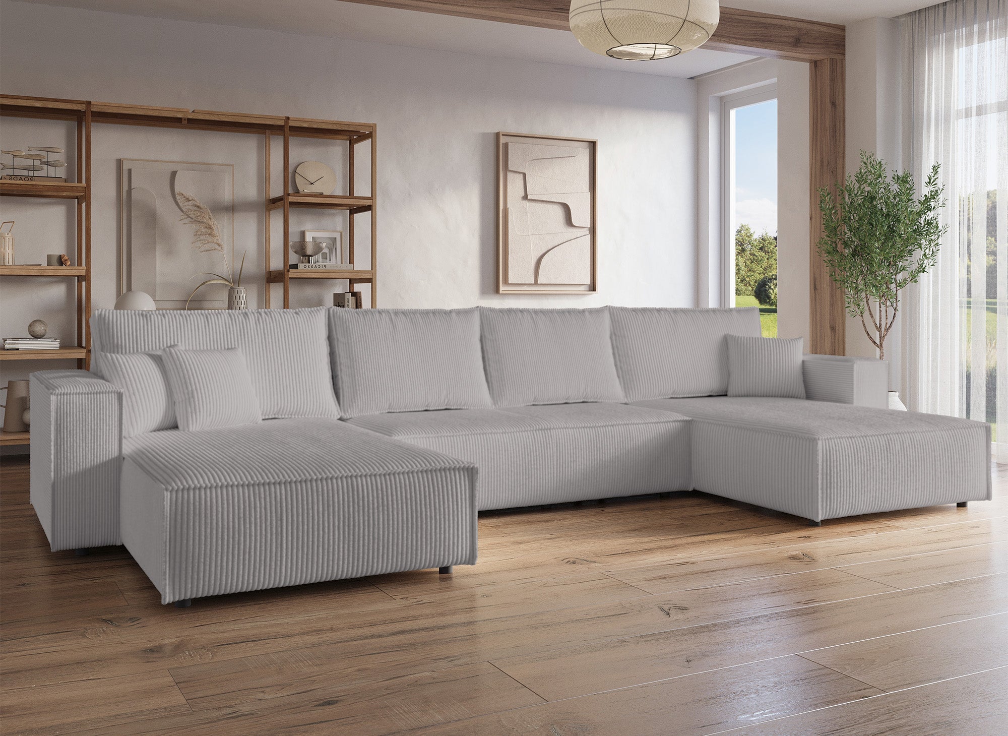Sofá panorámico convertible JADE con almacenaje en pana gris claro