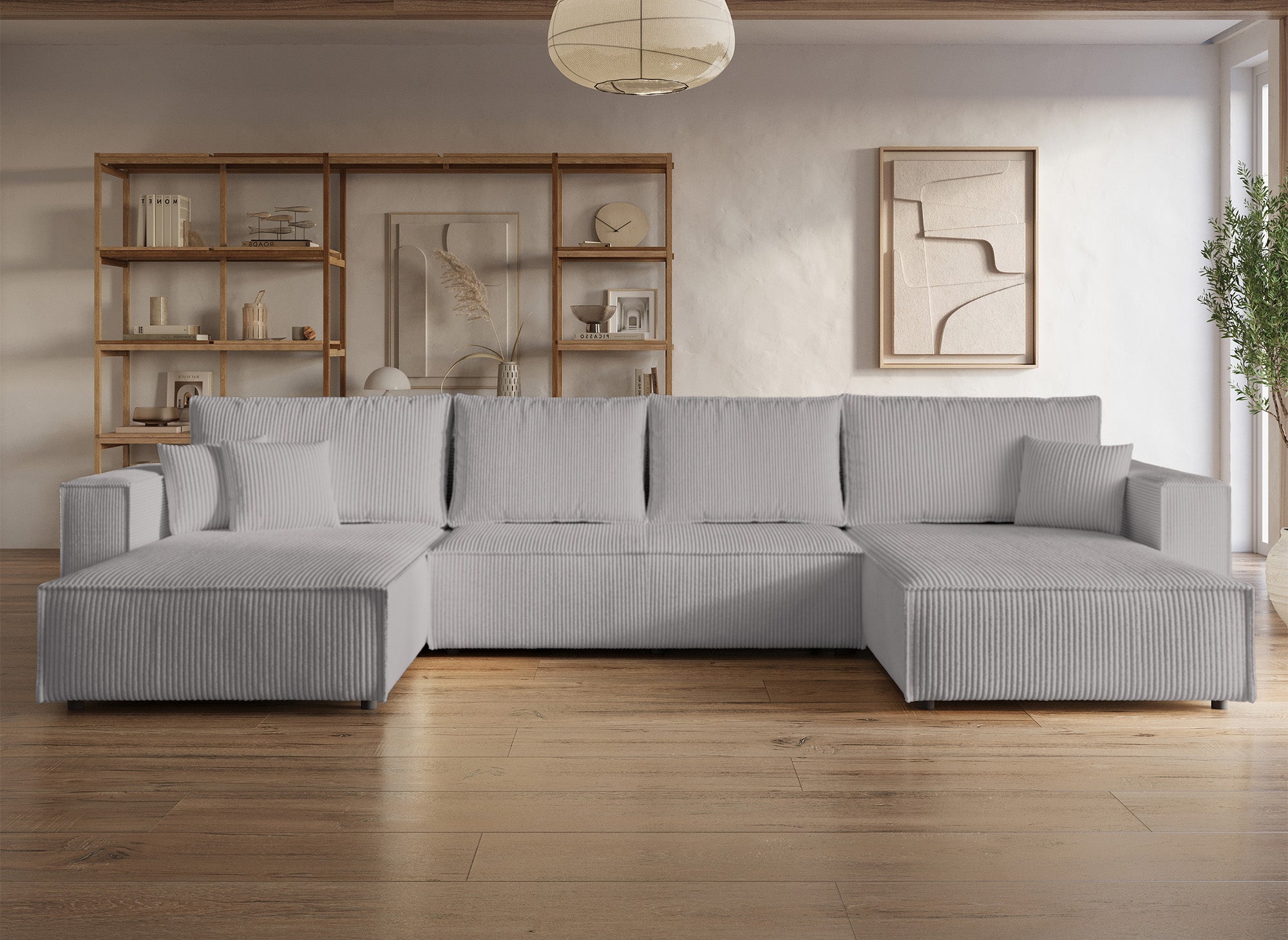 Sofá panorámico convertible JADE con almacenaje en pana gris claro