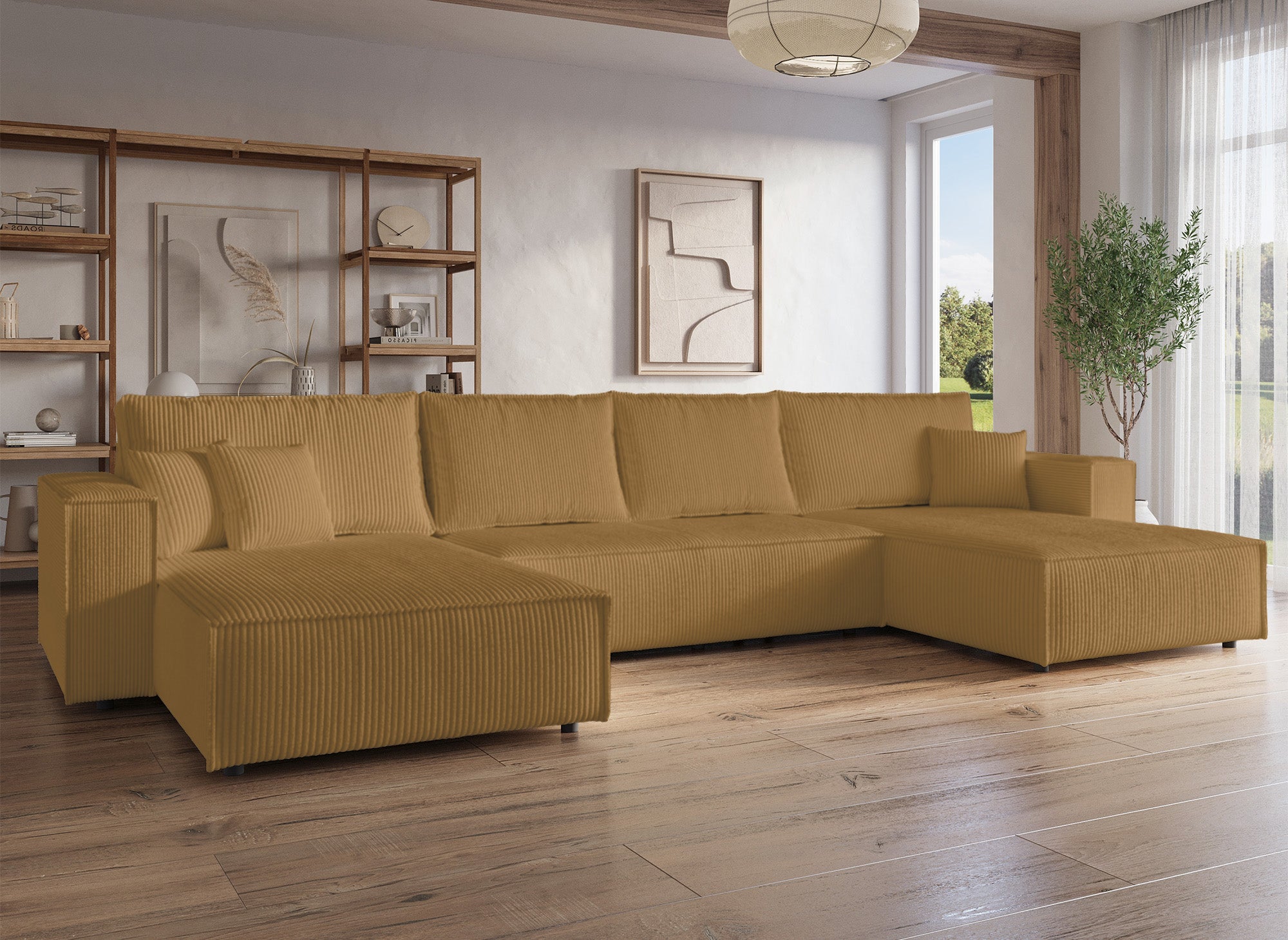 Sofá cama panorámico convertible JADE con almacenaje en pana color mostaza