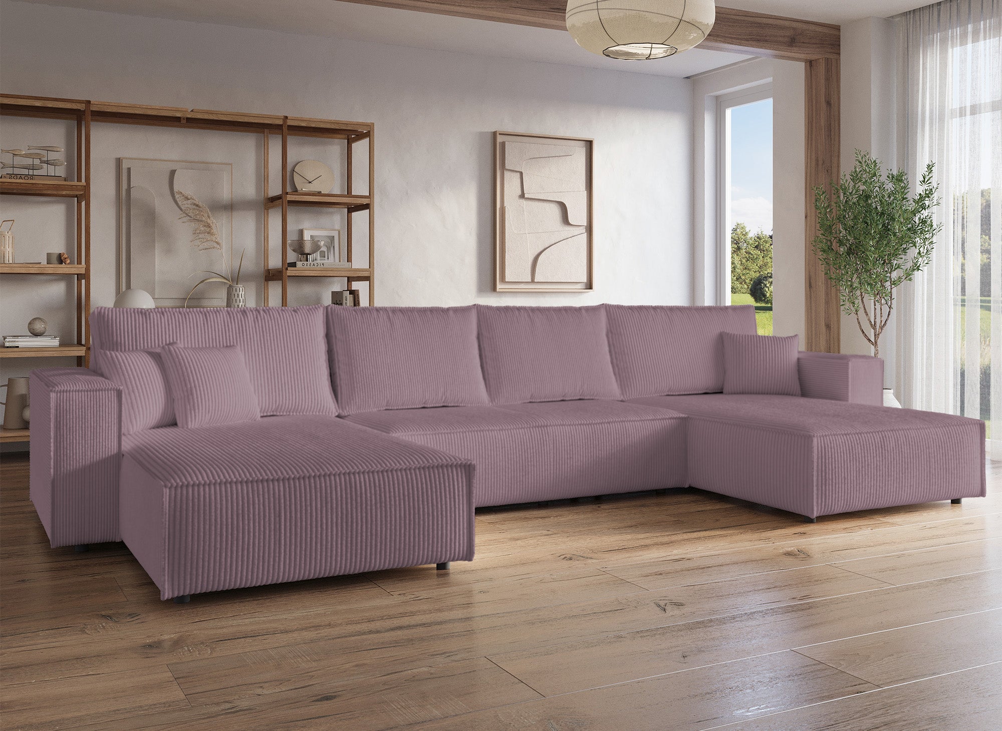 Sofá cama panorámico convertible JADE con almacenamiento en pana lila