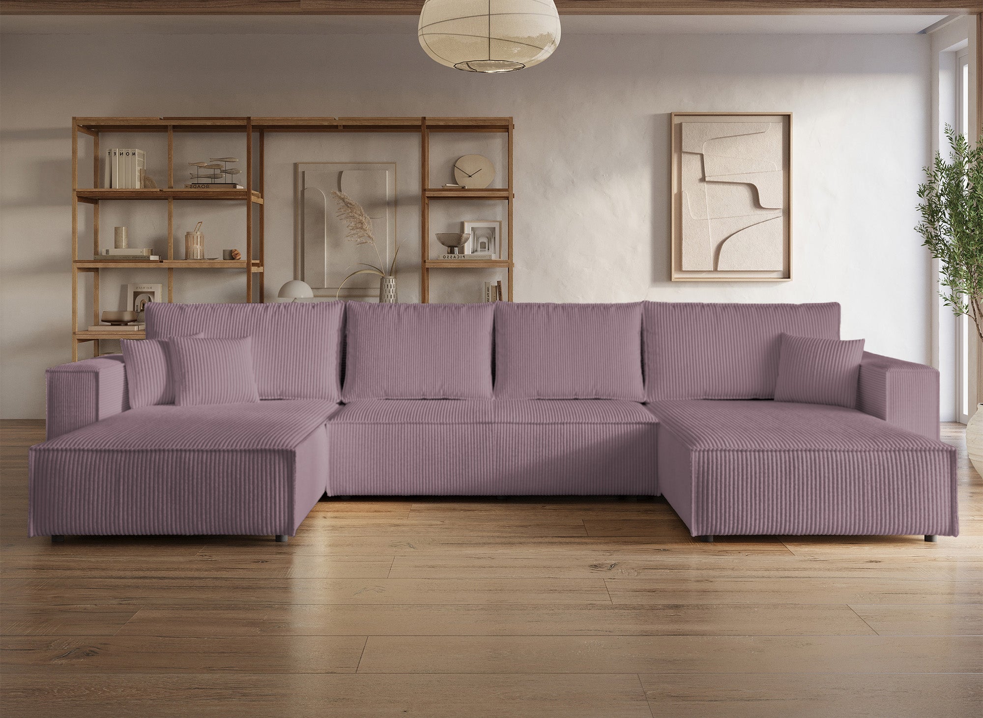 Sofá cama panorámico convertible JADE con almacenamiento en pana lila