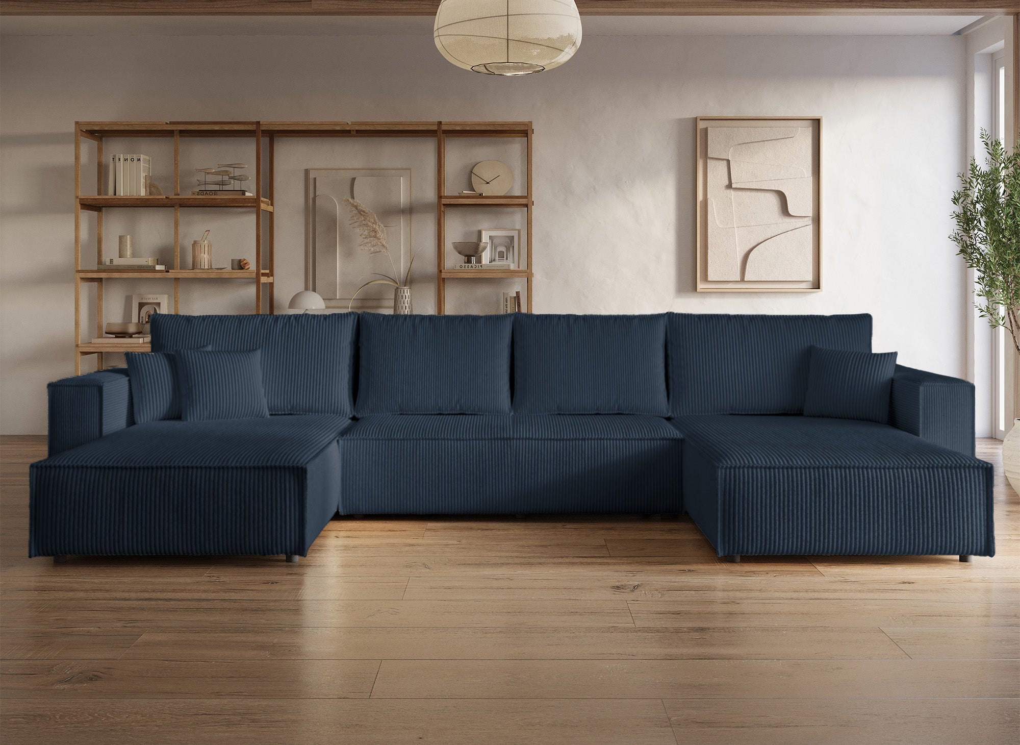 Sofá cama panorámico convertible JADE con almacenamiento en pana azul oscuro