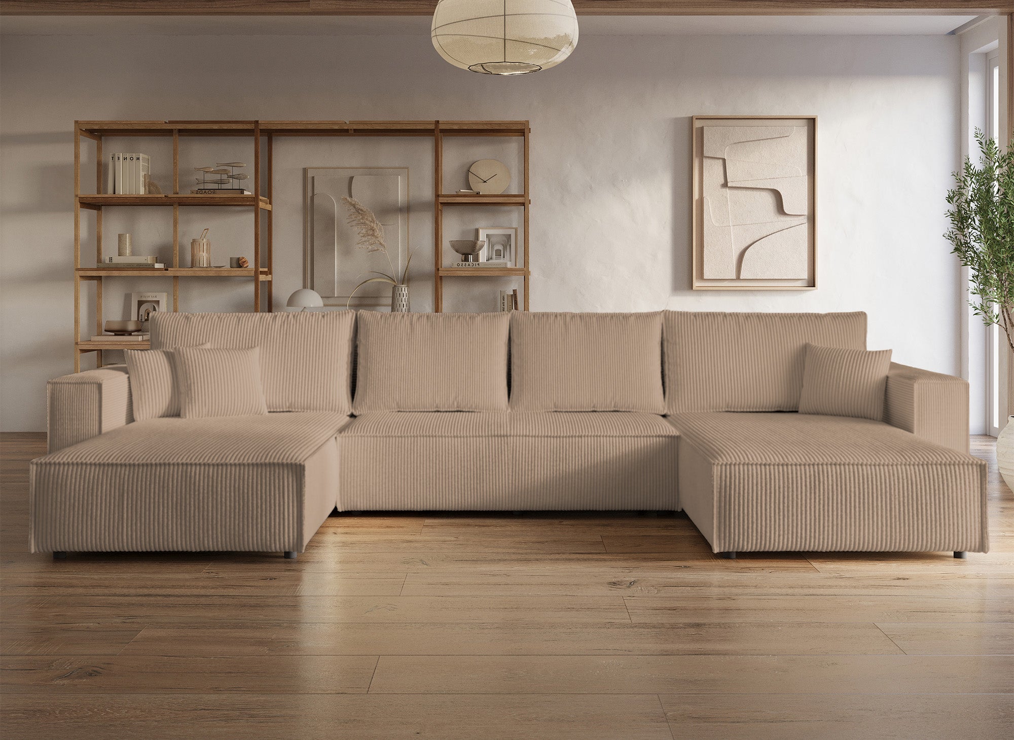 Sofá cama panorámico convertible JADE con almacenamiento en pana color moca