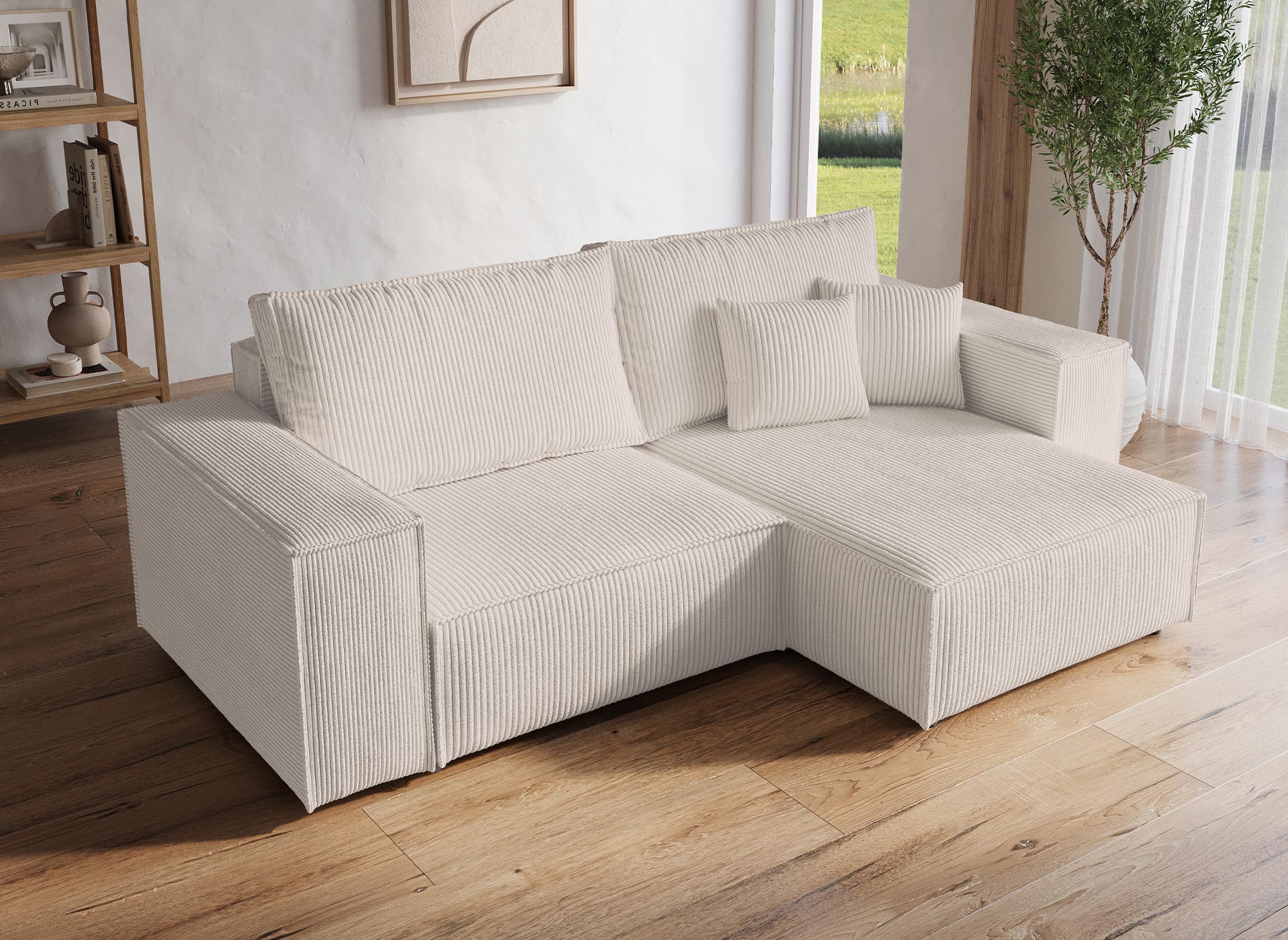 Sofá esquinero convertible y reversible con almacenaje en pana beige JADE MINI