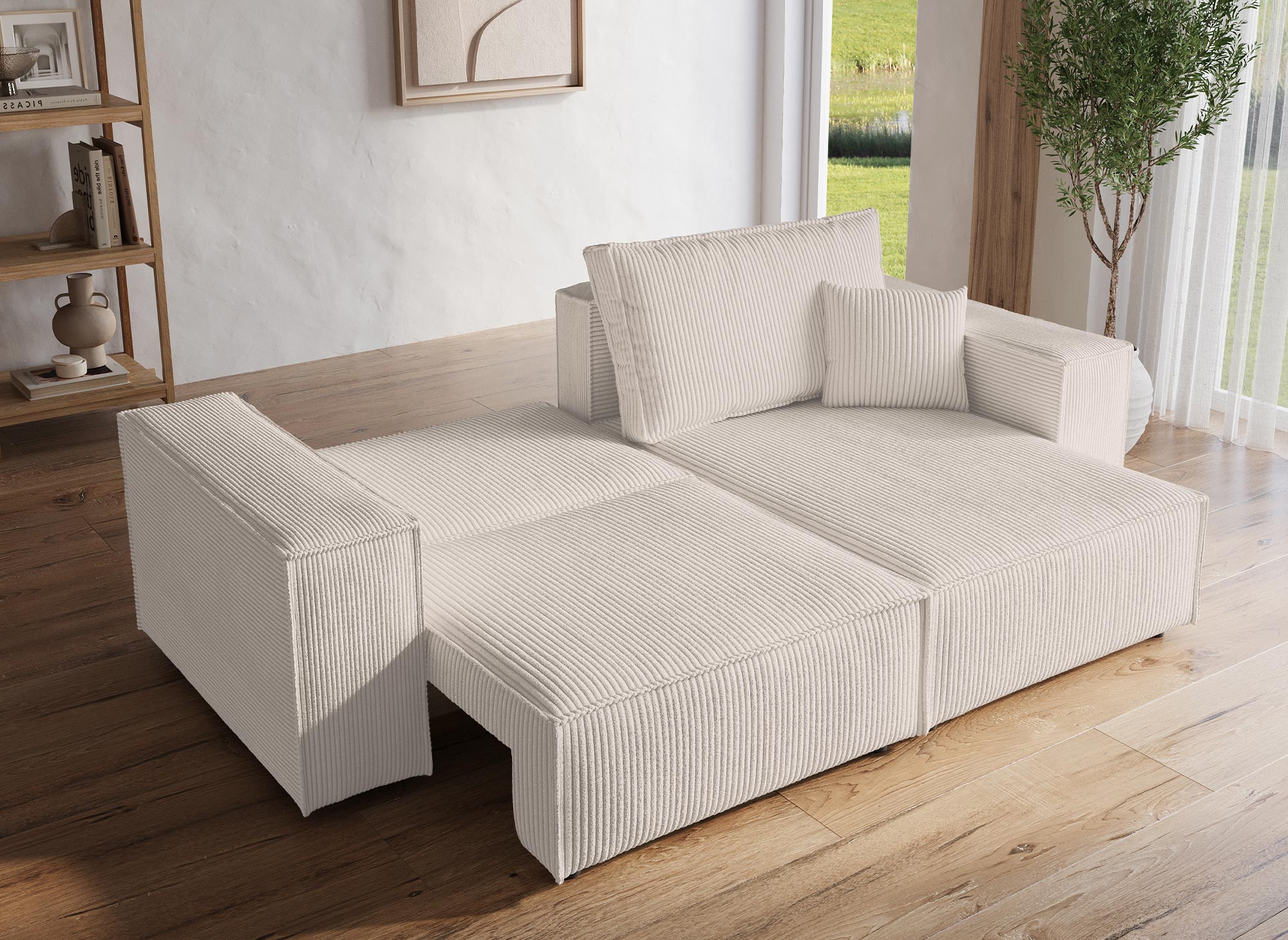 Sofá esquinero convertible y reversible con almacenaje en pana beige JADE MINI