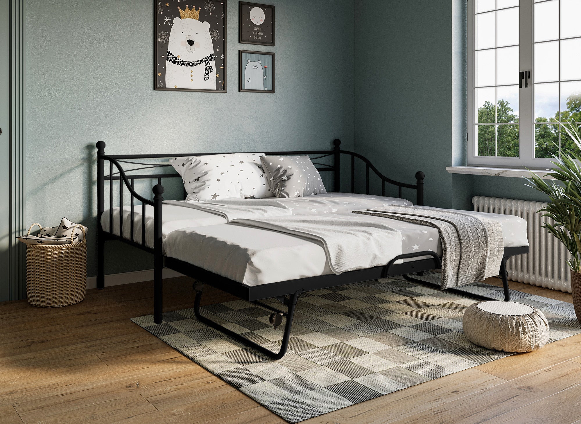 Sofá cama ALICIA de metal negro con cama extraíble, 90 x 190 cm