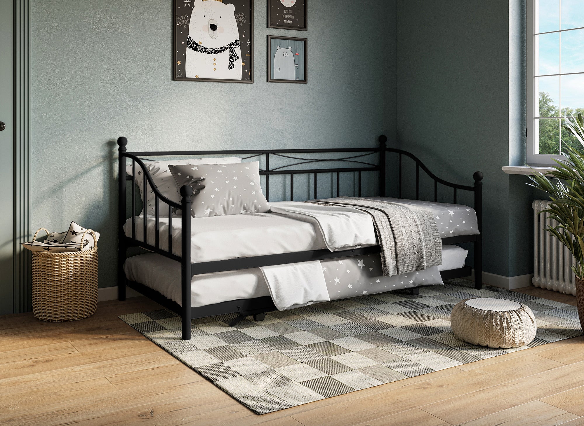 Sofá cama ALICIA de metal negro con cama extraíble, 90 x 190 cm