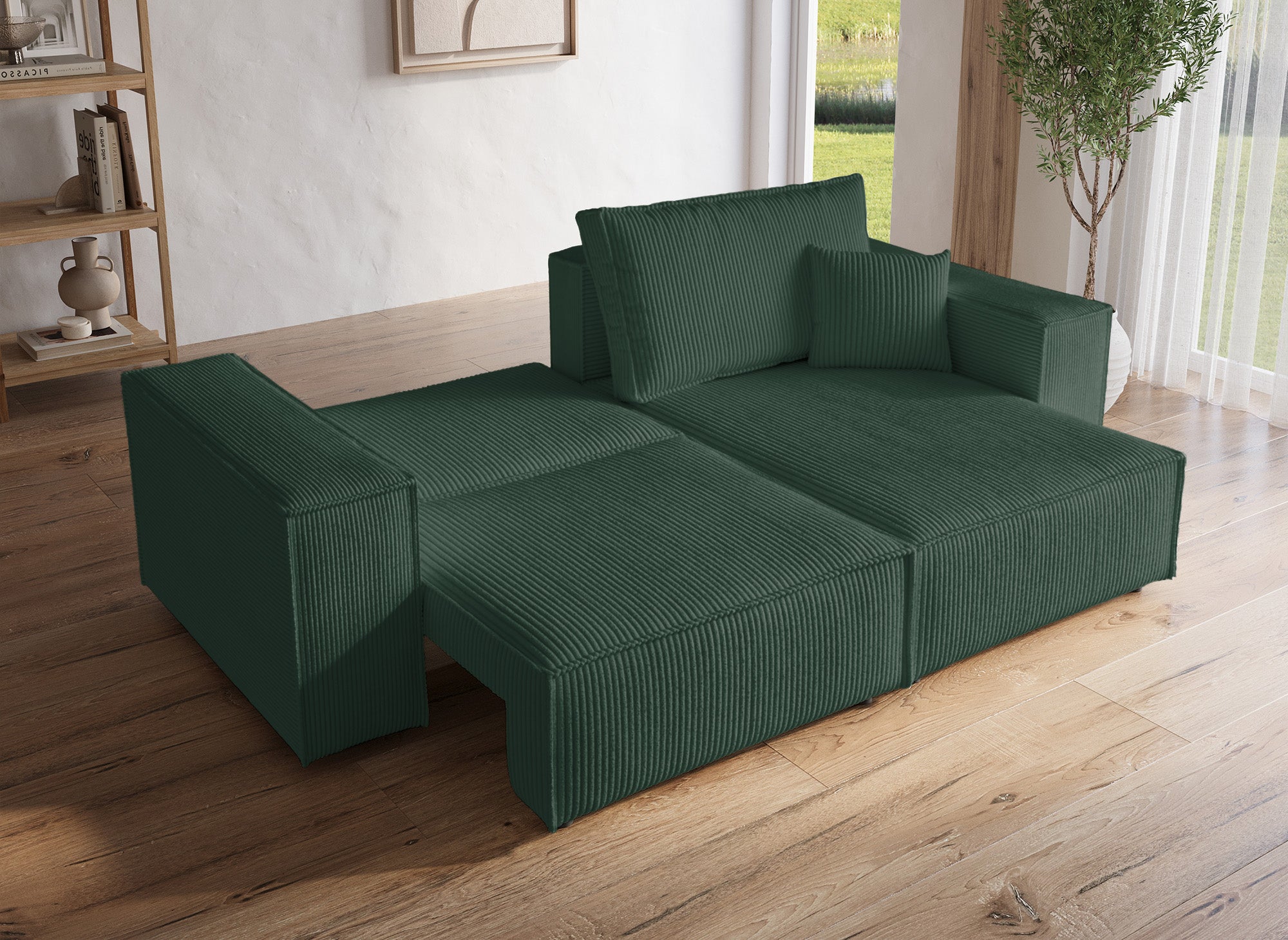 Sofá esquinero convertible y reversible con almacenaje en pana verde JADE MINI