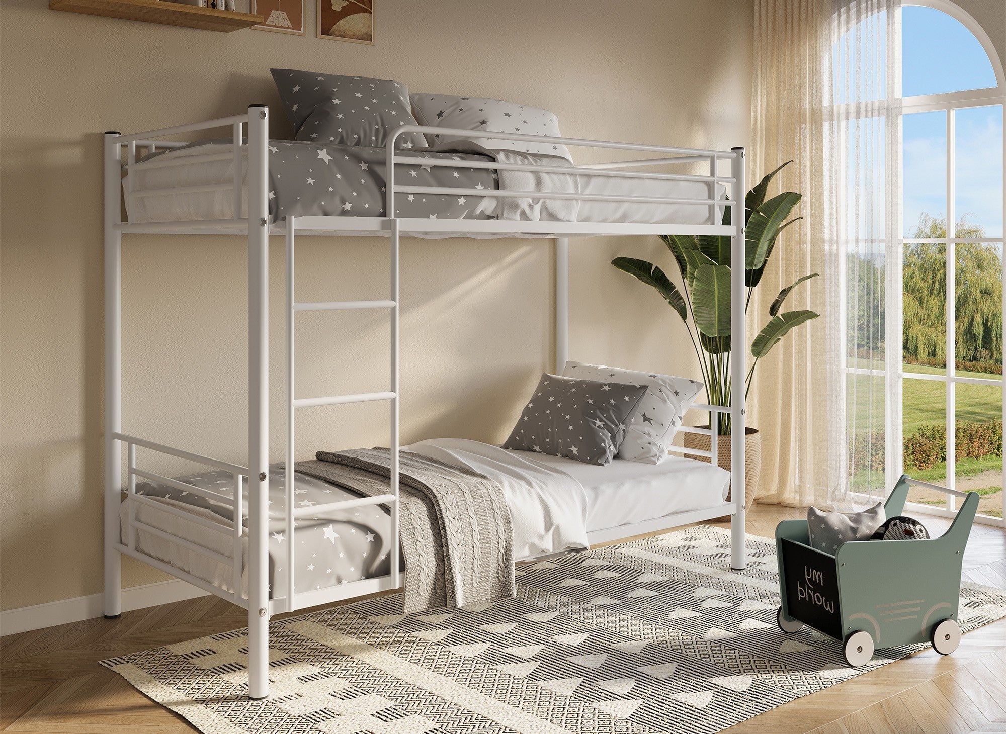 Litera doble de metal blanco de 90 x 190 cm + somieres