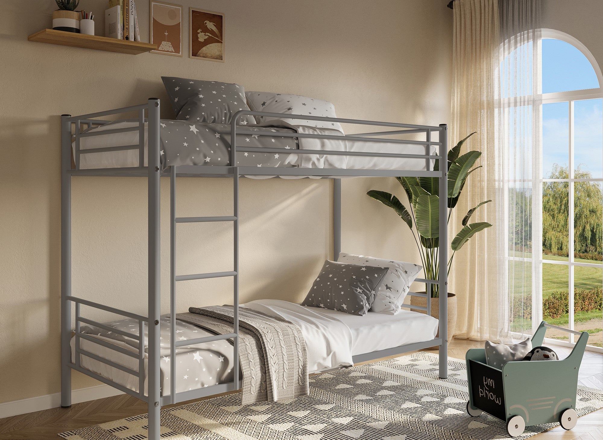 Litera doble de metal gris, 90 x 190 cm + somieres de láminas