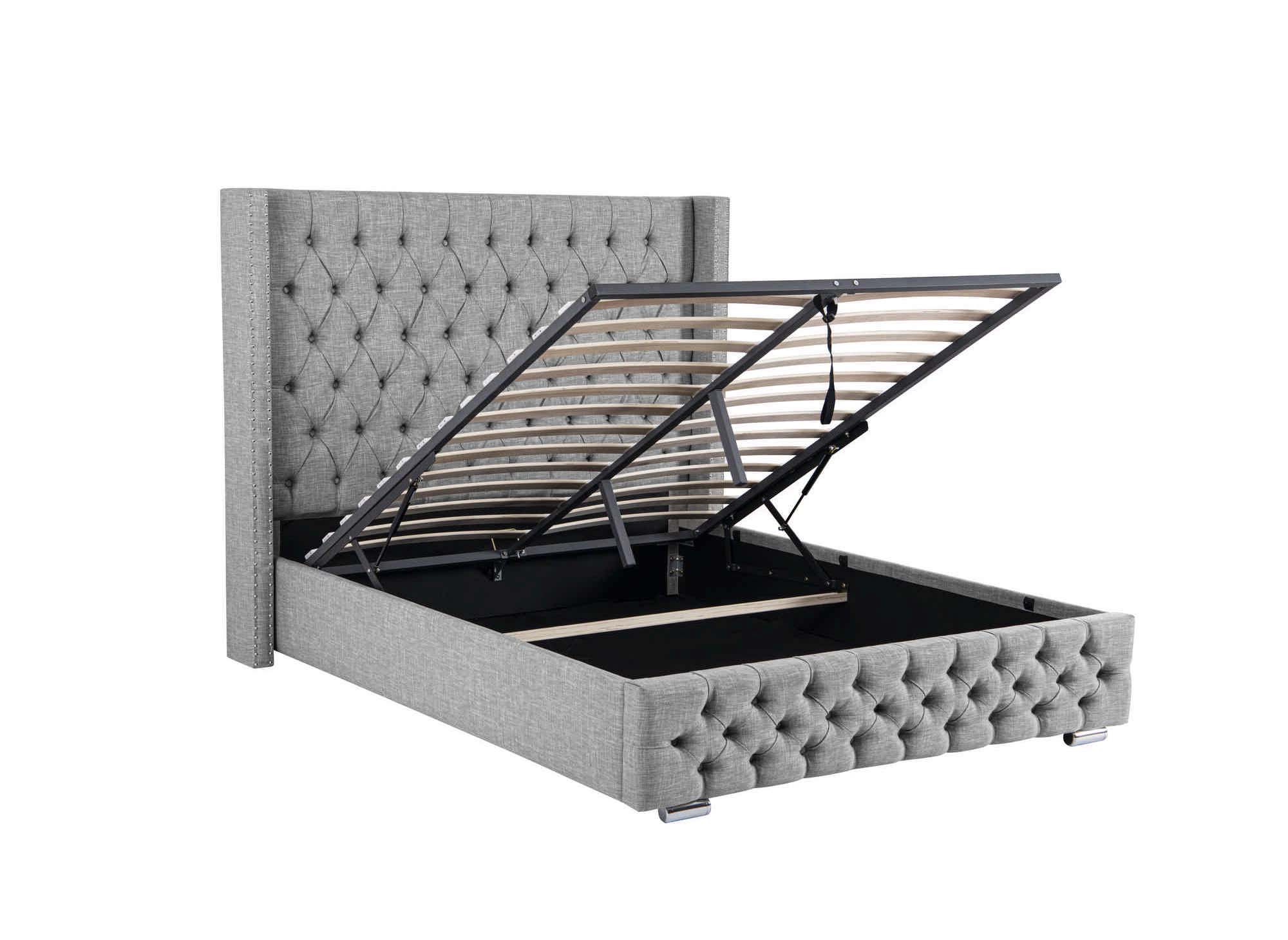 Cama con almacenaje MAXI de 180x200 cm, tapizada en lino gris.