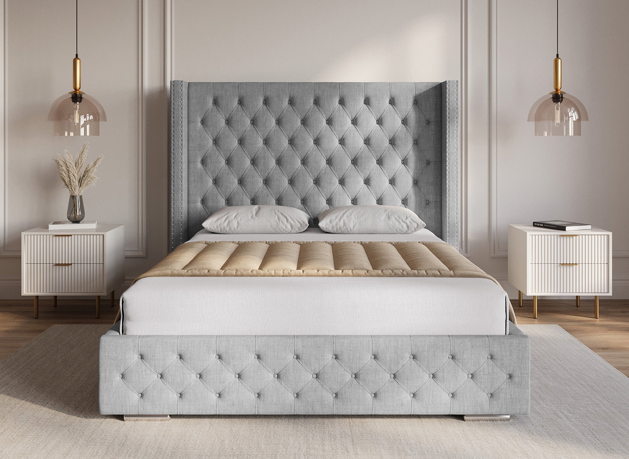 Cama maxi con almacenaje en tela de lino gris, 140x190 cm