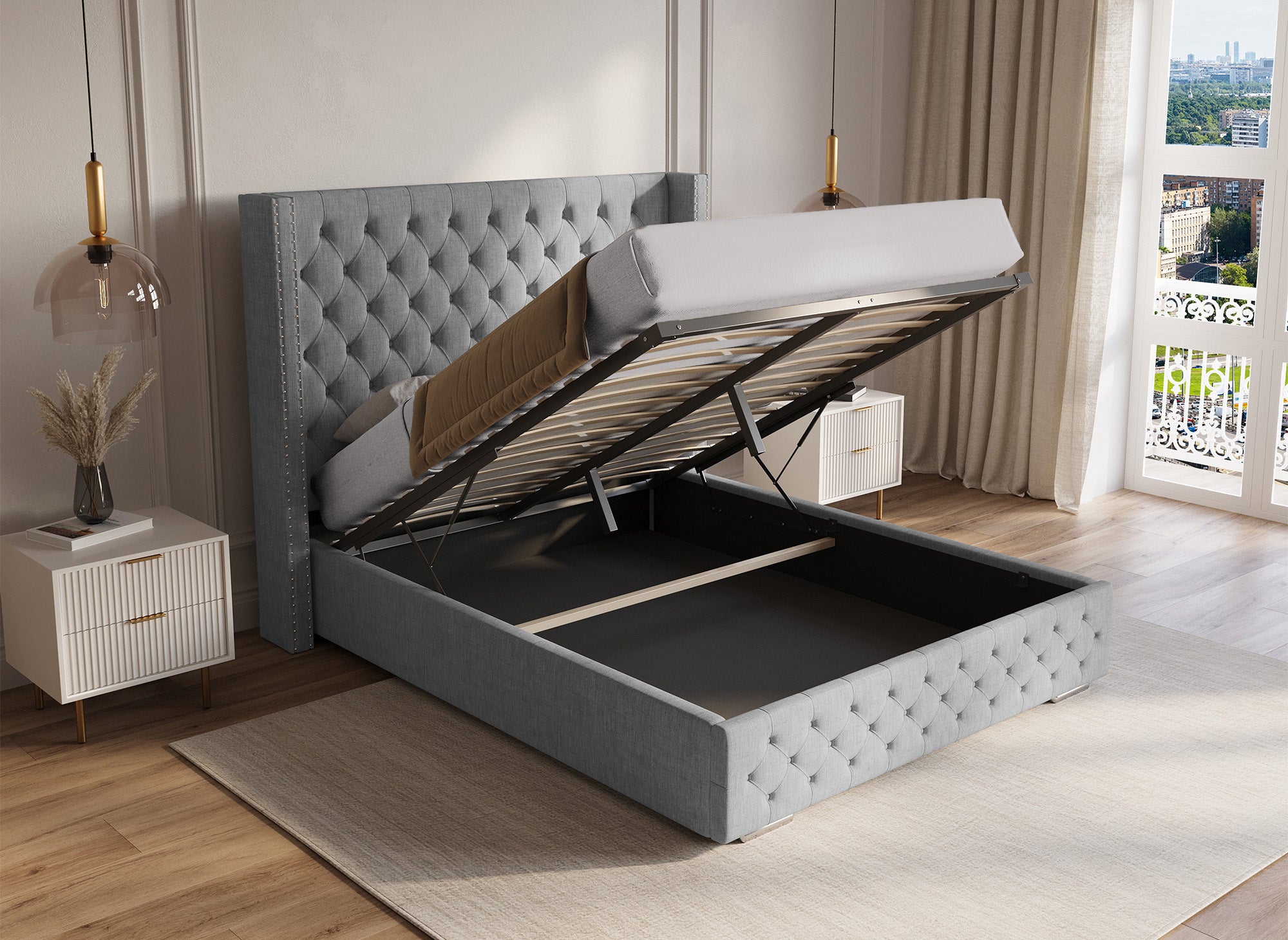 Cama maxi con almacenaje en tela de lino gris, 140x190 cm