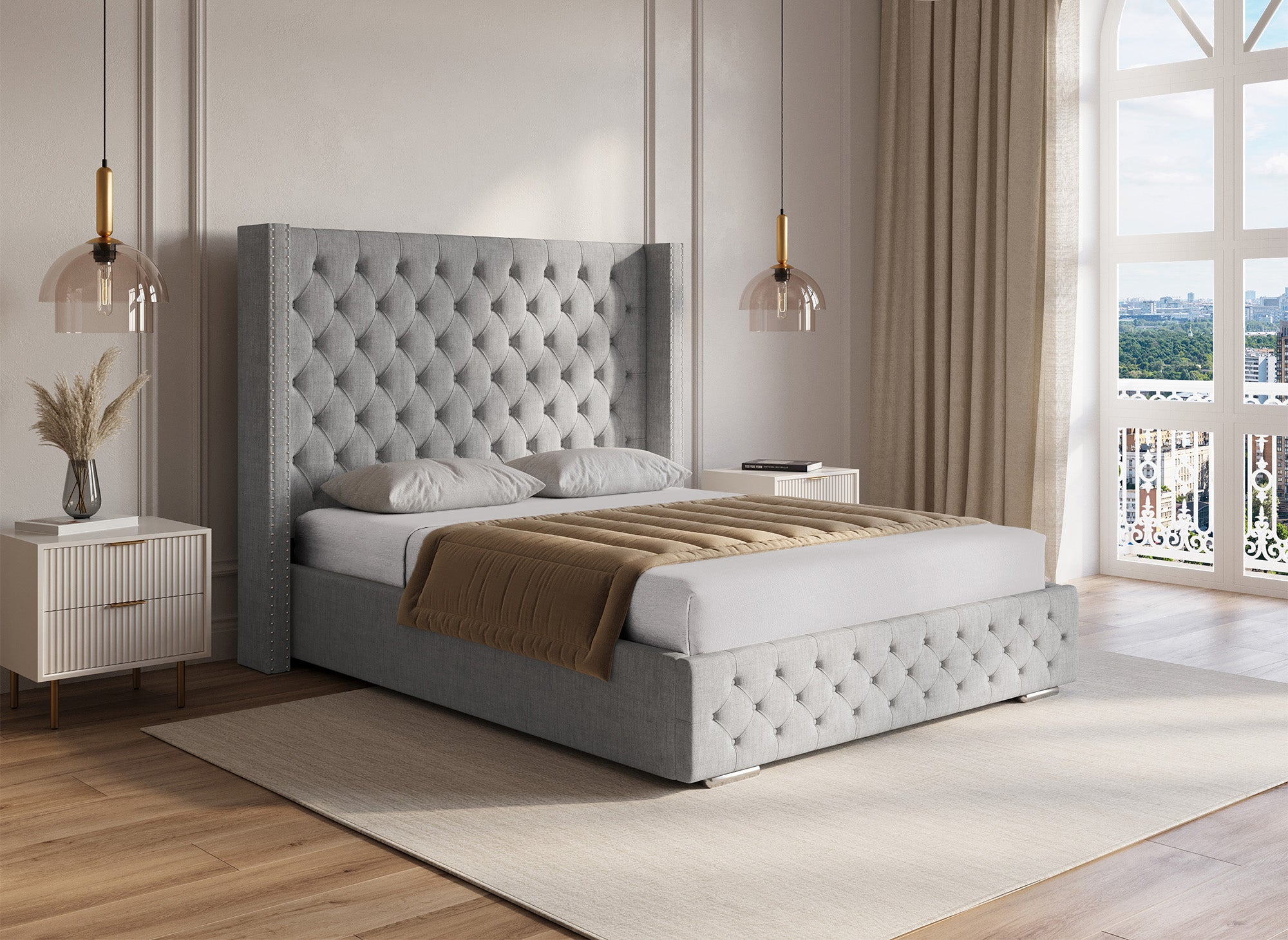 Cama maxi con almacenaje en tela de lino gris, 140x190 cm
