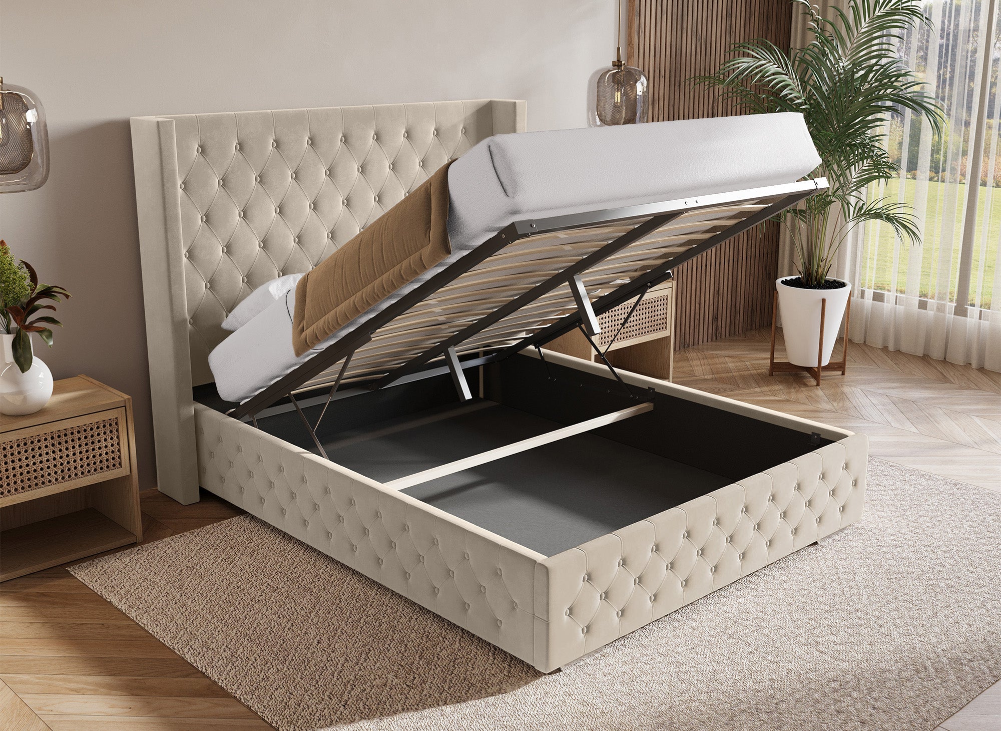 Cama con almacenaje PERLA de terciopelo beige 160x200 cm