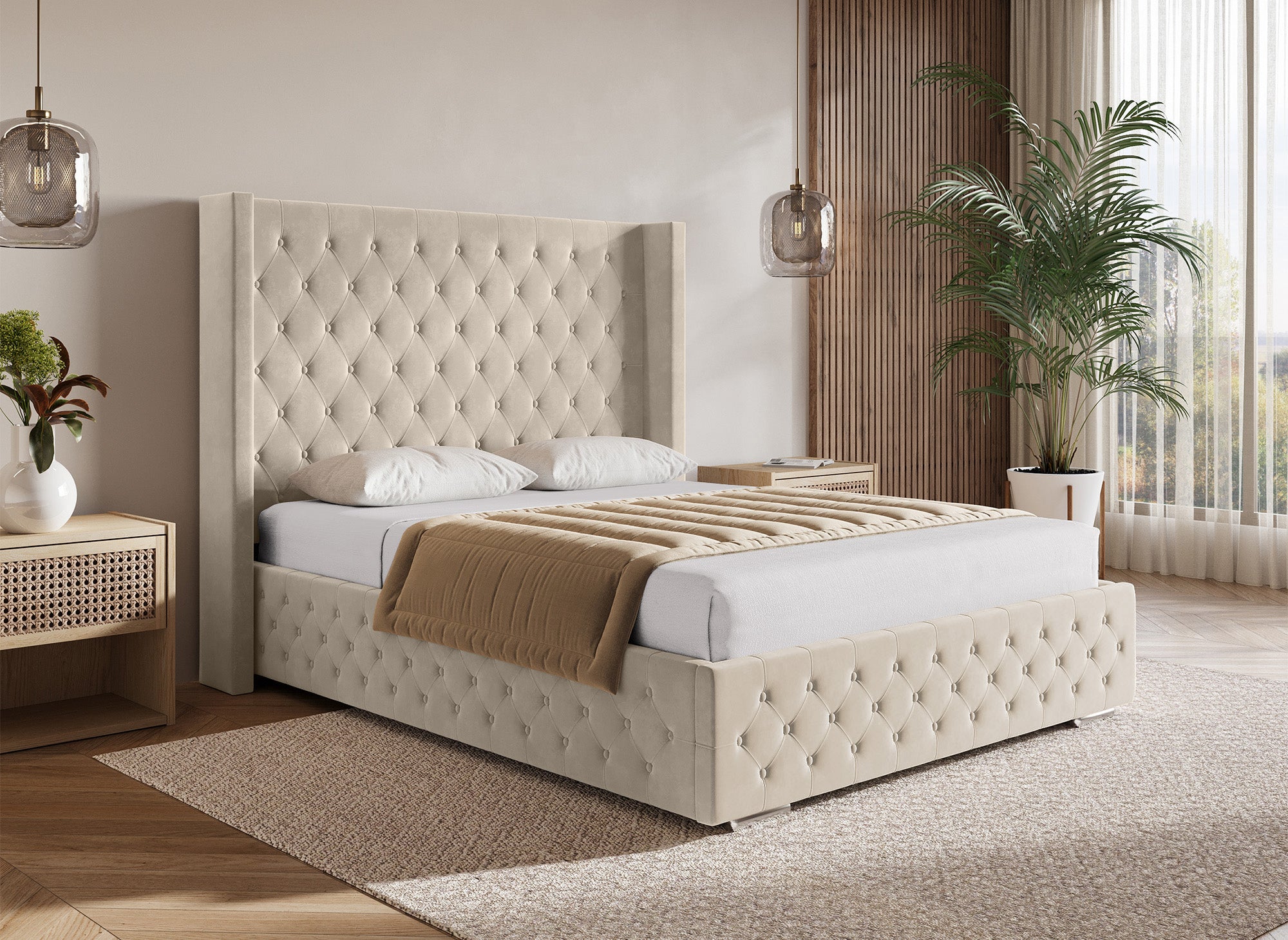 Cama con almacenaje PERLA de terciopelo beige 140x190 cm