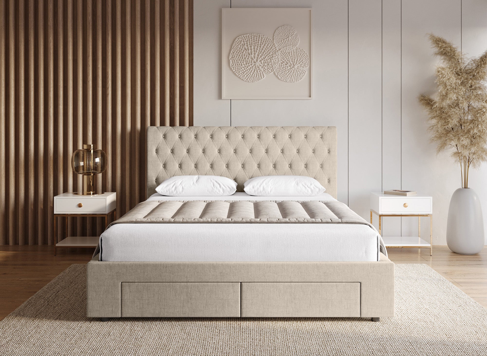 Cama doble con 4 cajones en lino beige 180x200 cm LEANDRÉ