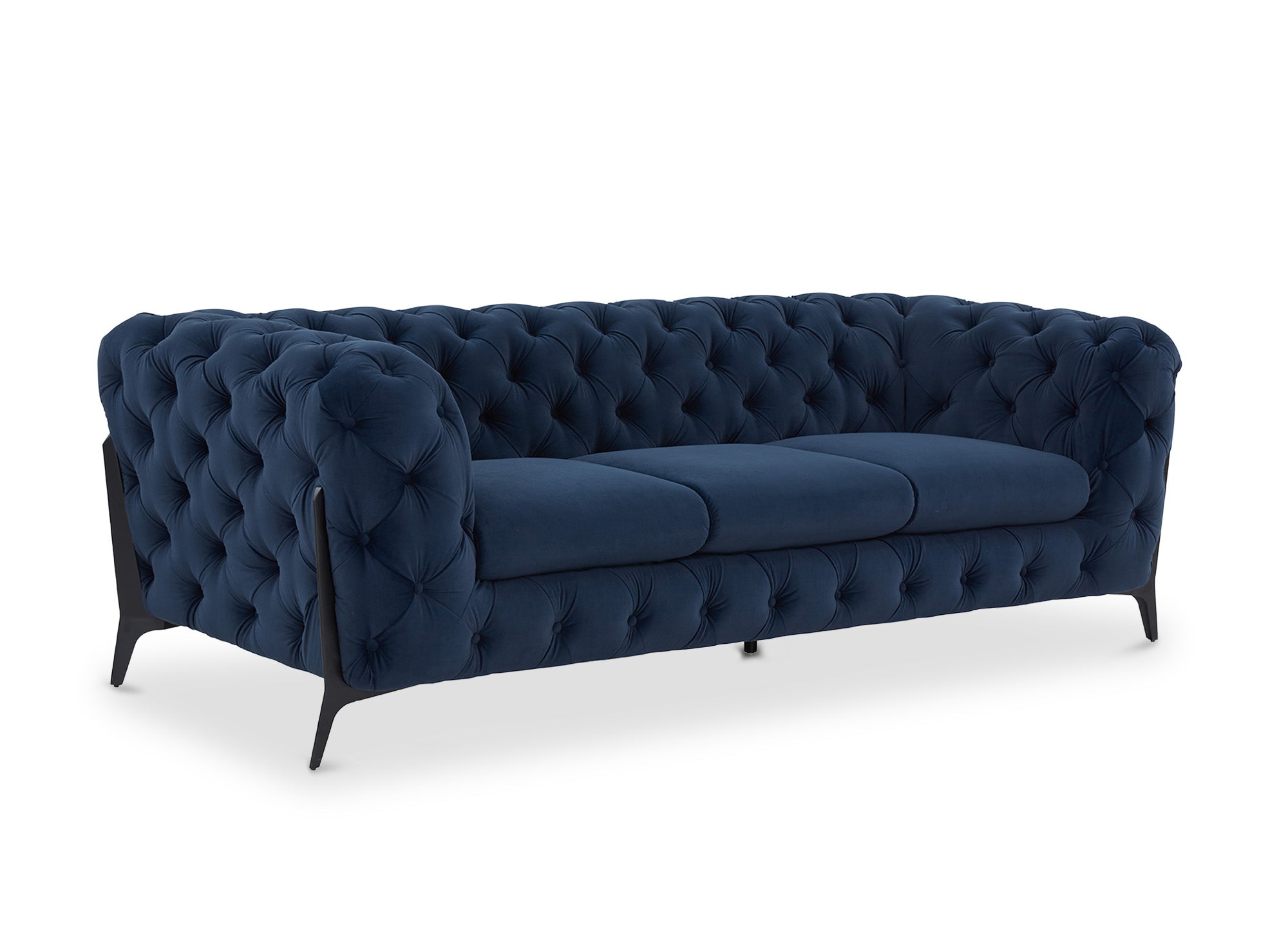 Sofá fijo CARMEN de 3 plazas, estilo Chesterfield capitoné, terciopelo azul