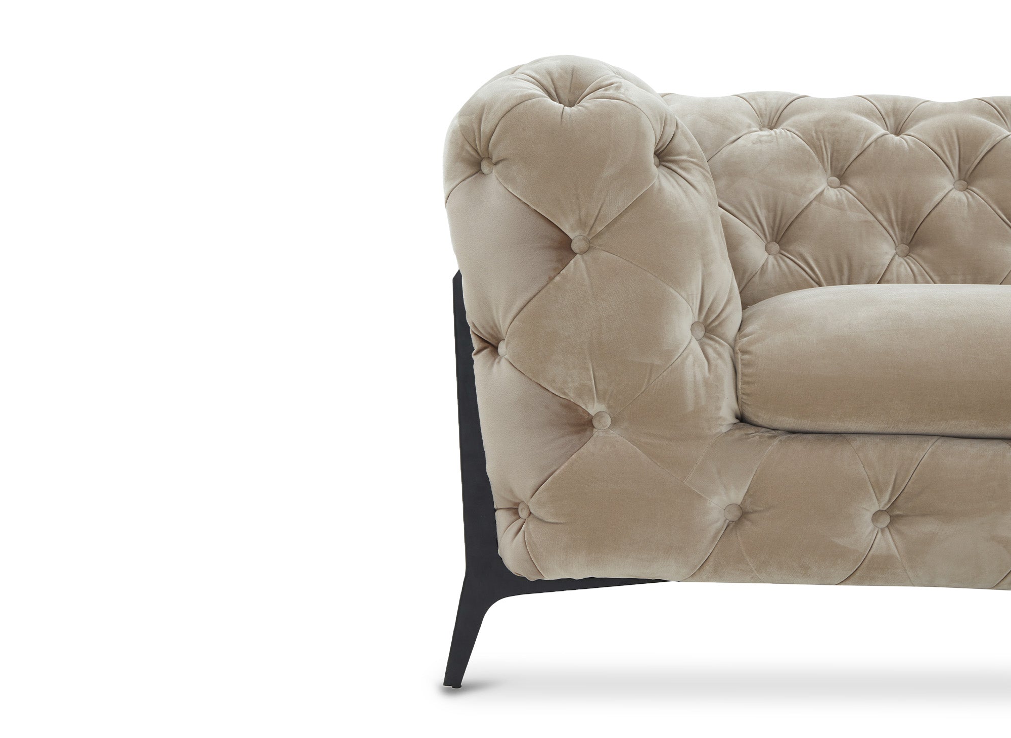 Sofá esquinero fijo CARMEN, estilo Chesterfield capitoné, terciopelo beige
