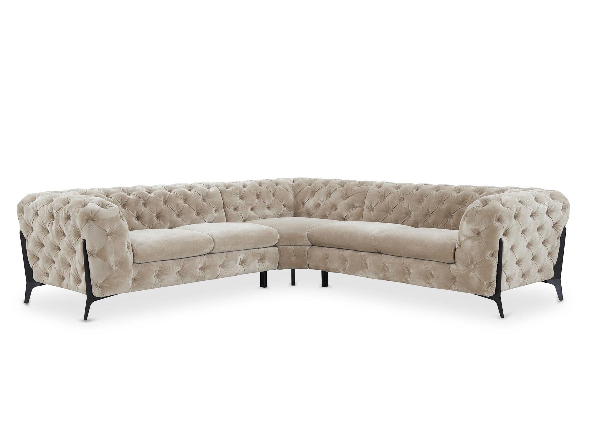Sofá esquinero fijo CARMEN, estilo Chesterfield capitoné, terciopelo beige