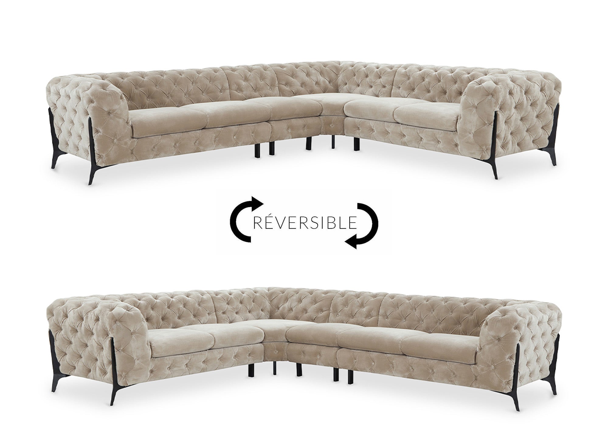 Sofá esquinero reversible CARMEN Chesterfield capitoné en terciopelo beige