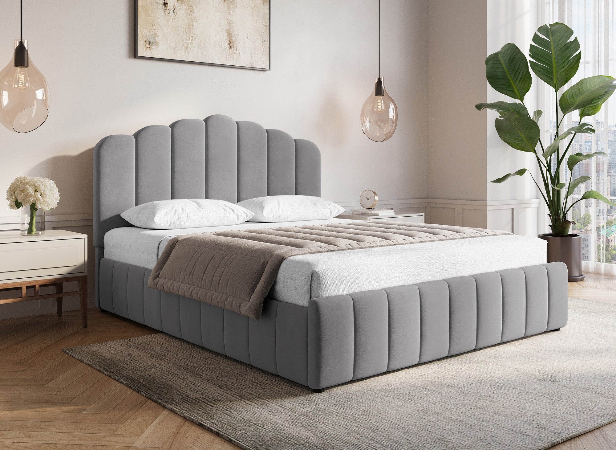 Cama con almacenaje ELVIRA de terciopelo gris 180x200 cm