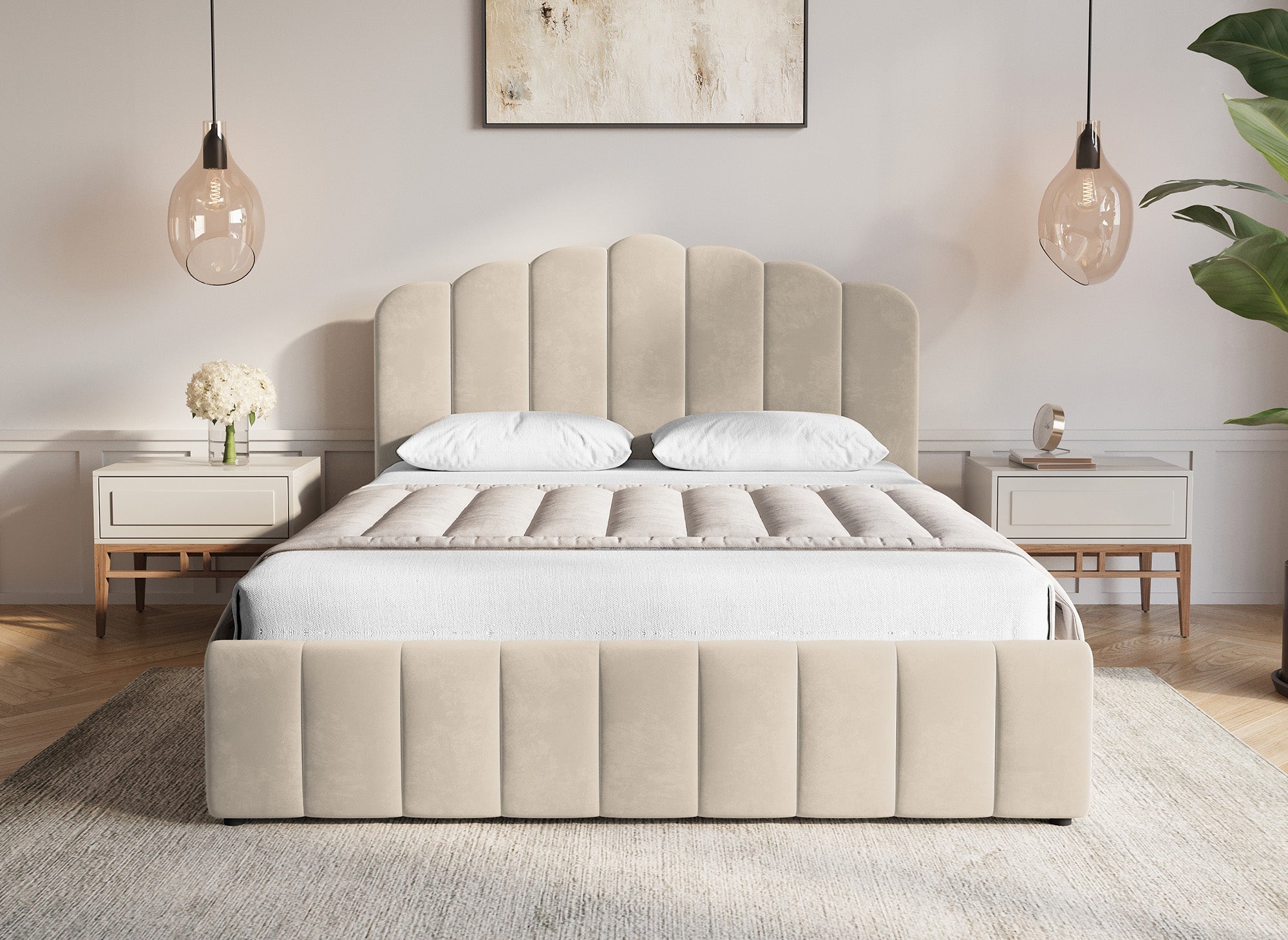 Cama Elvira de terciopelo beige con almacenaje, 160x200 cm