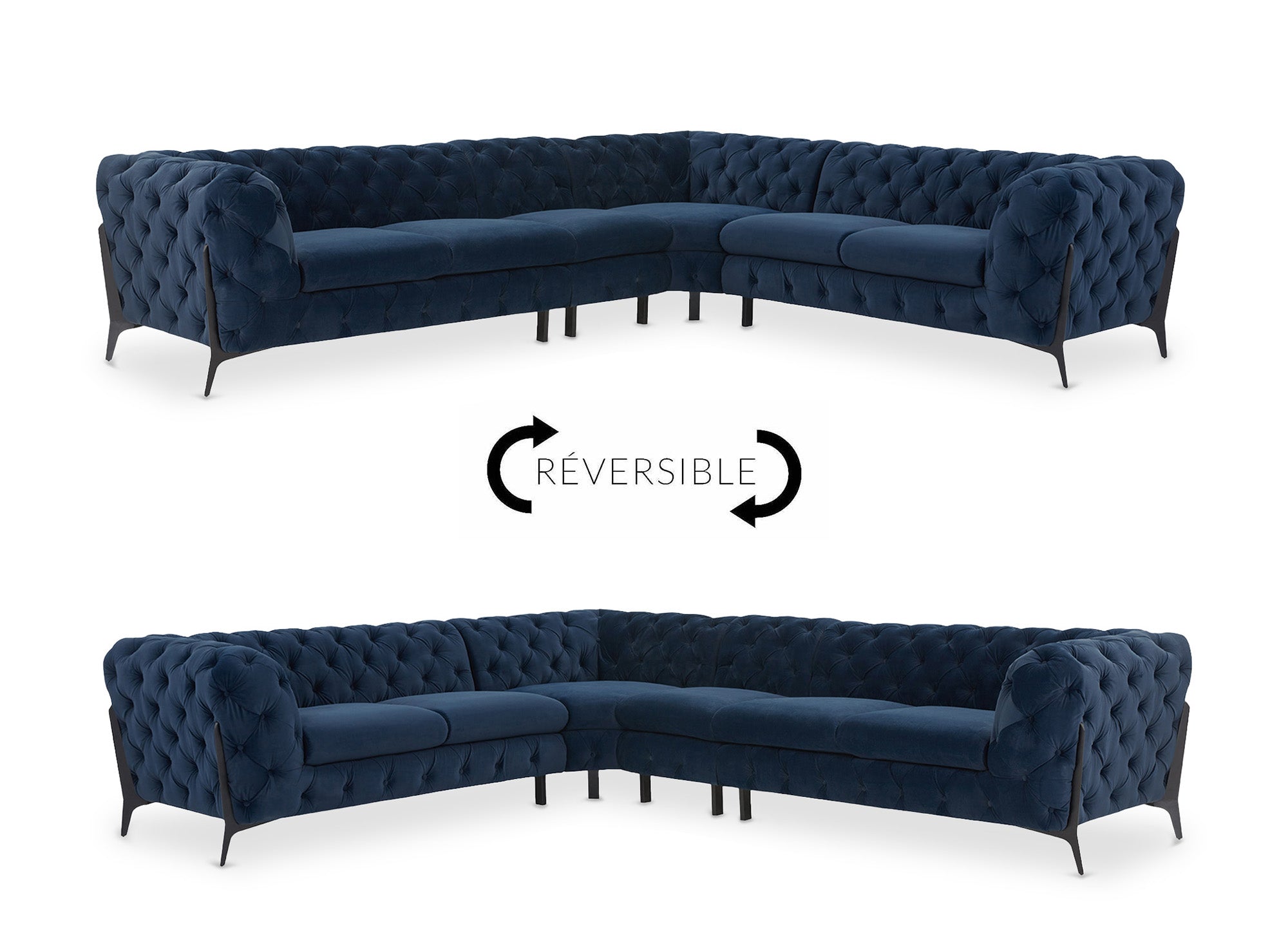 Sofá esquinero reversible CARMEN Chesterfield capitoné en terciopelo azul