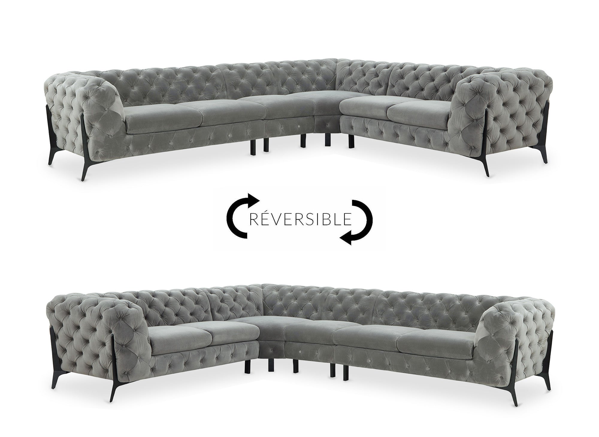 Sofá esquinero reversible CARMEN Chesterfield capitoné en terciopelo gris