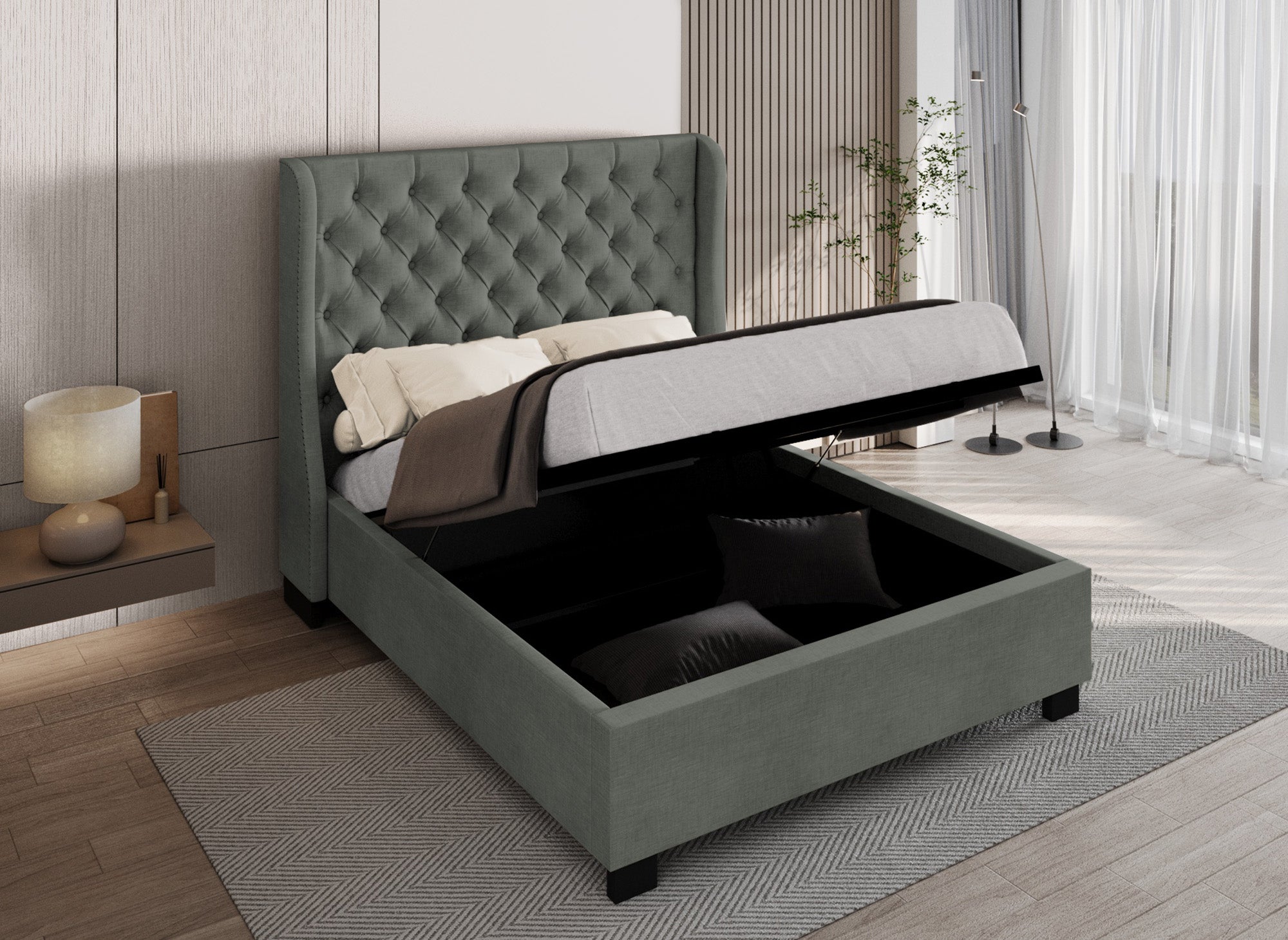 Cama tapizada con almacenaje FLORINE de 160 x 200 cm en tela de lino gris