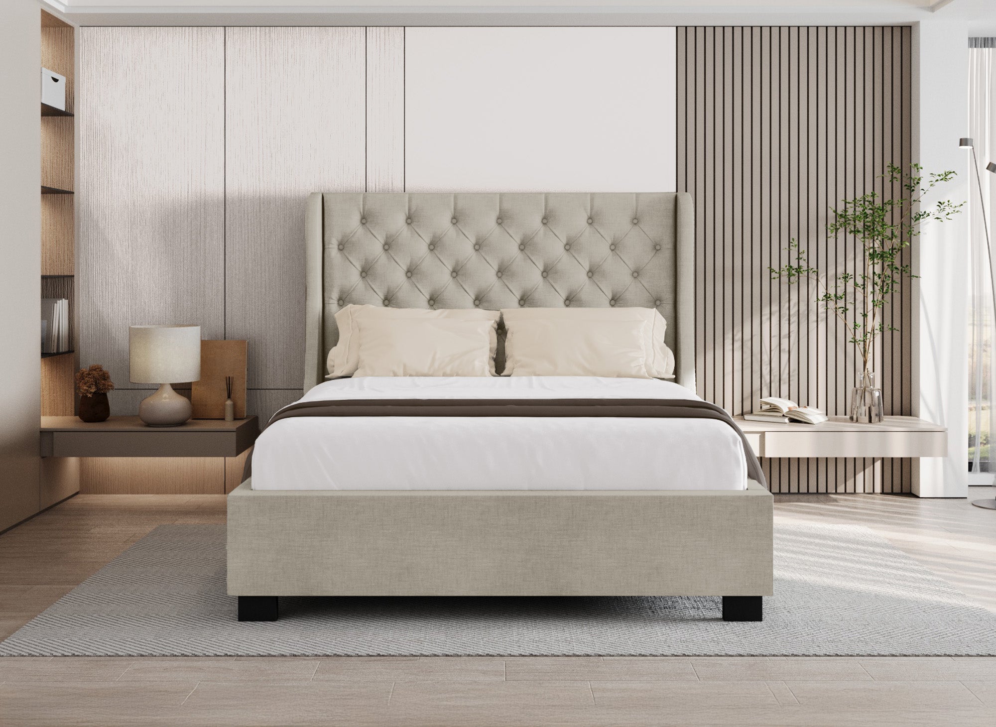 Cama tapizada con almacenaje FLORINE de 140 x 190 cm en tela de lino beige