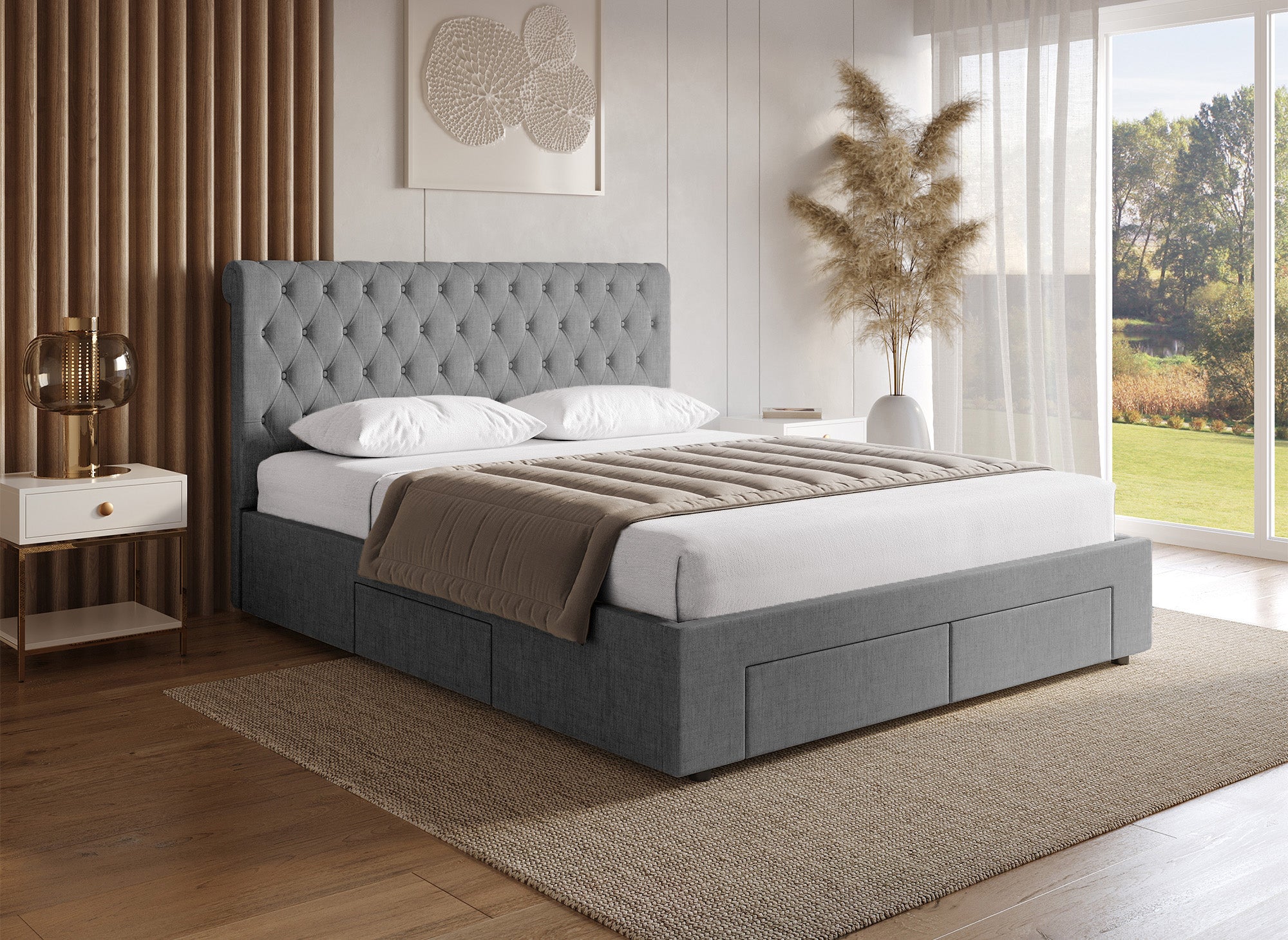 Cama doble con 4 cajones en lino gris 140x190 cm LEANDRÉ