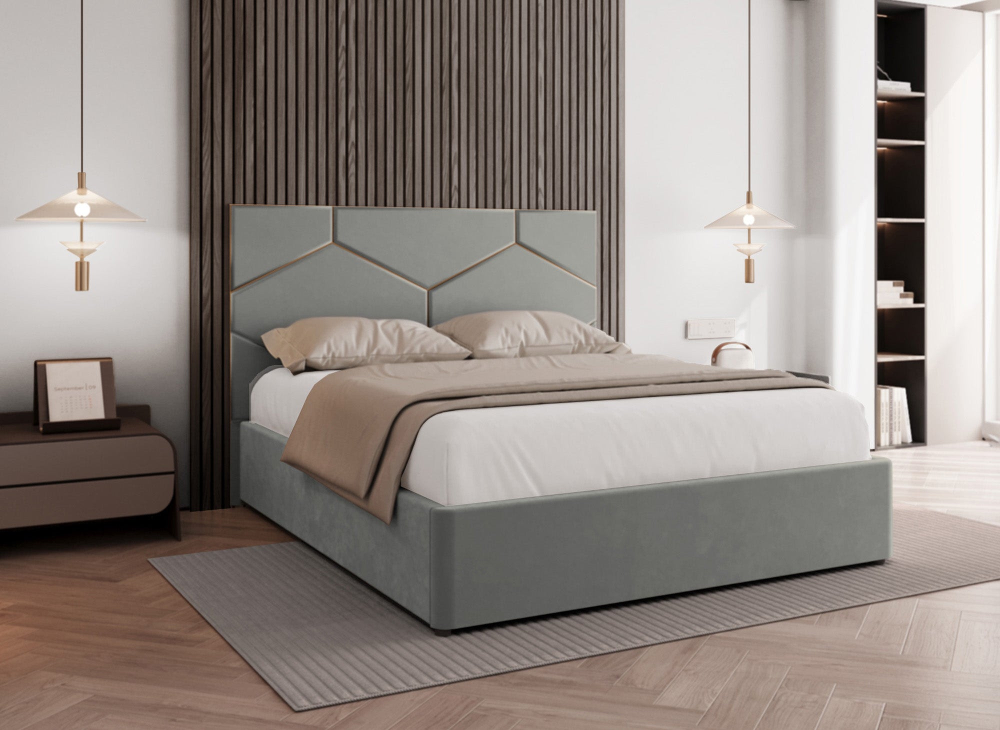 Cama de diseño LARA de 180 x 200 cm con almacenaje y cabecero en terciopelo gris