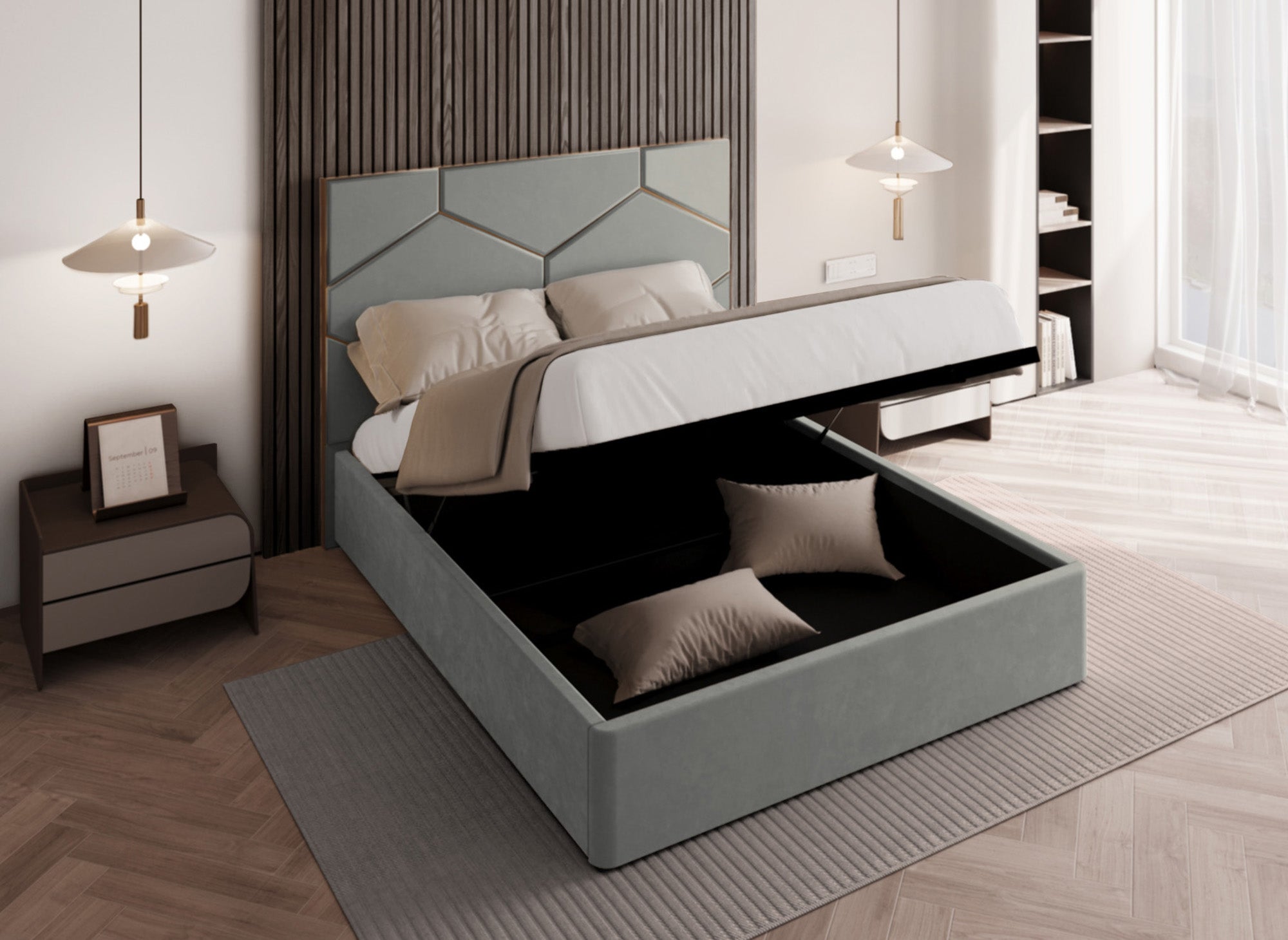 Cama de diseño LARA de 140 x 190 cm con almacenaje y cabecero en terciopelo gris