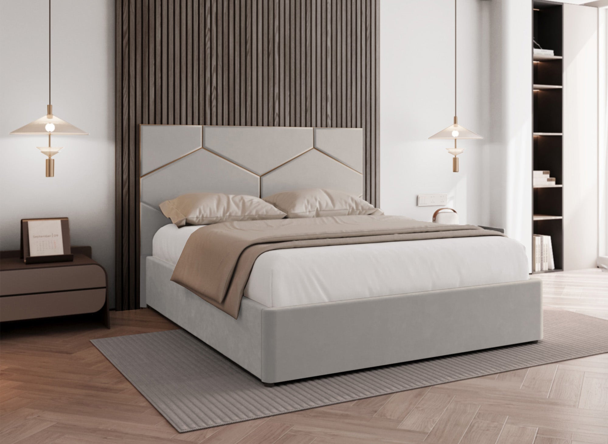 Cama LARA de 140 x 190 cm con almacenaje y cabecero de diseño en terciopelo color topo.