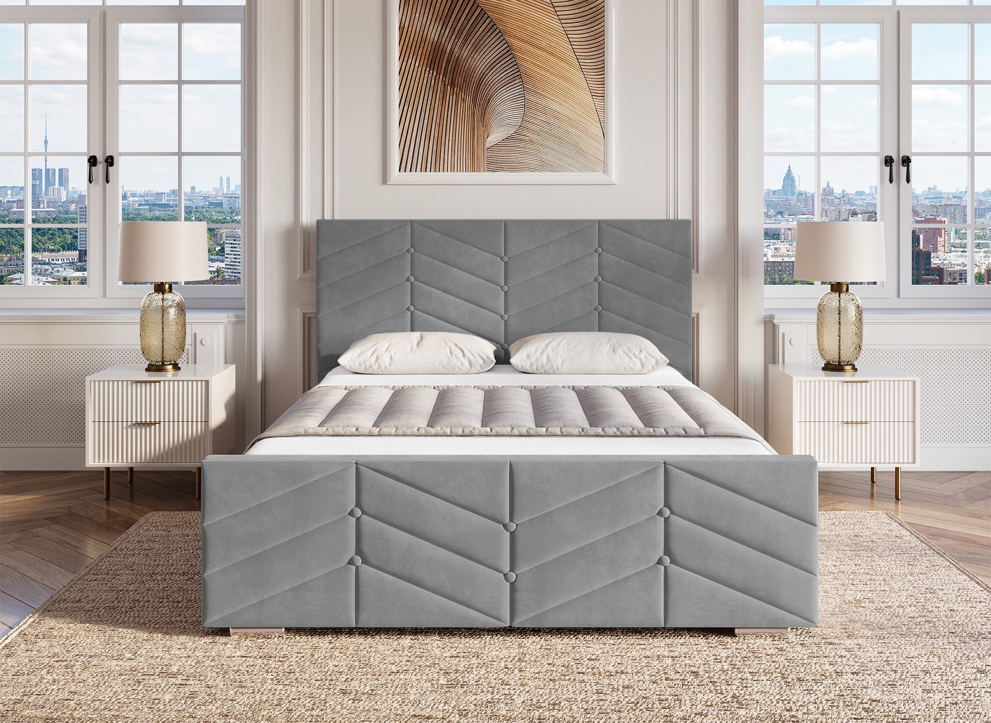 Cama PALMA con somier elevable y almacenaje en terciopelo gris, 180x200 cm