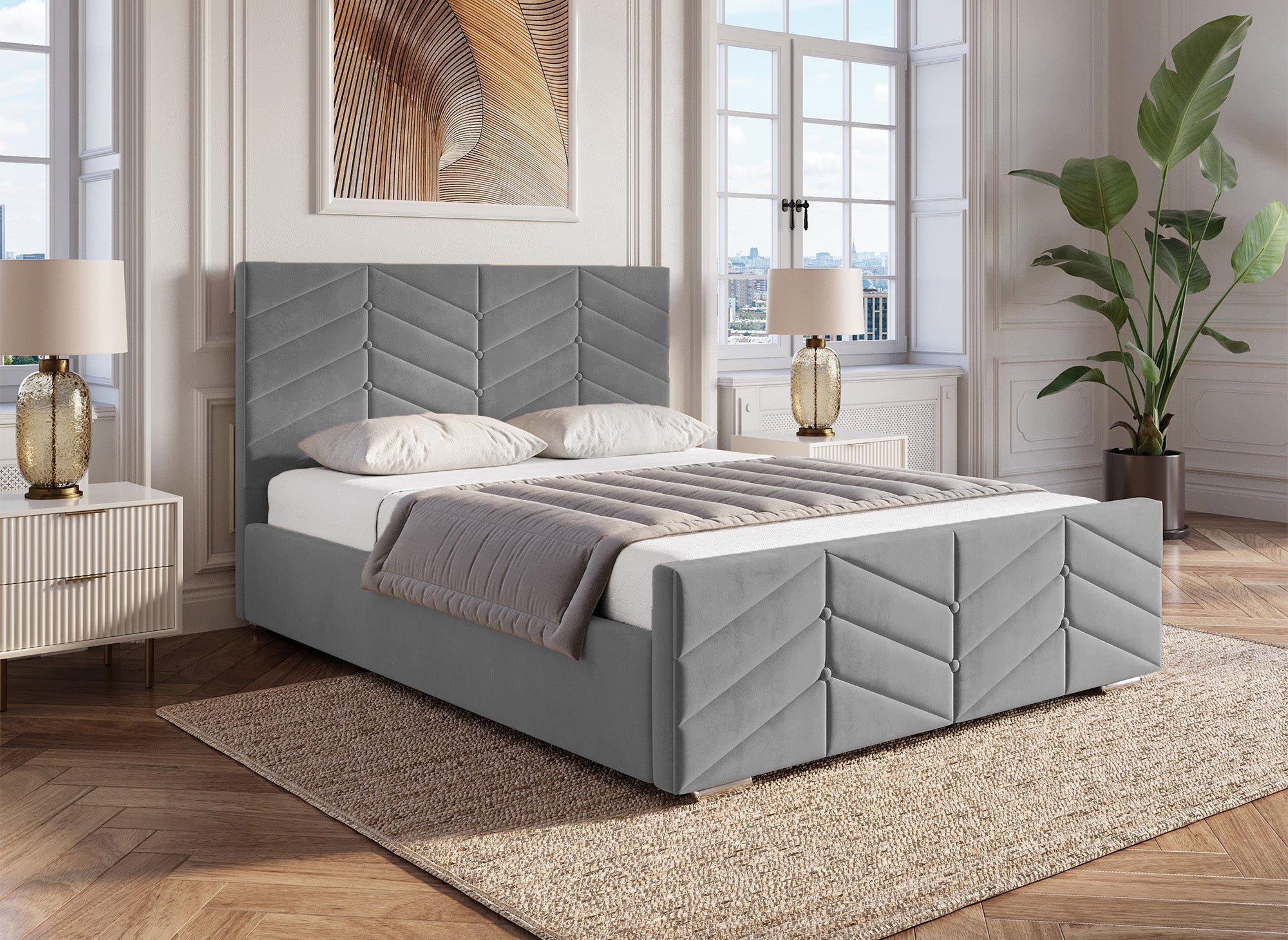 Cama PALMA con somier elevable y almacenaje en terciopelo gris, 180x200 cm