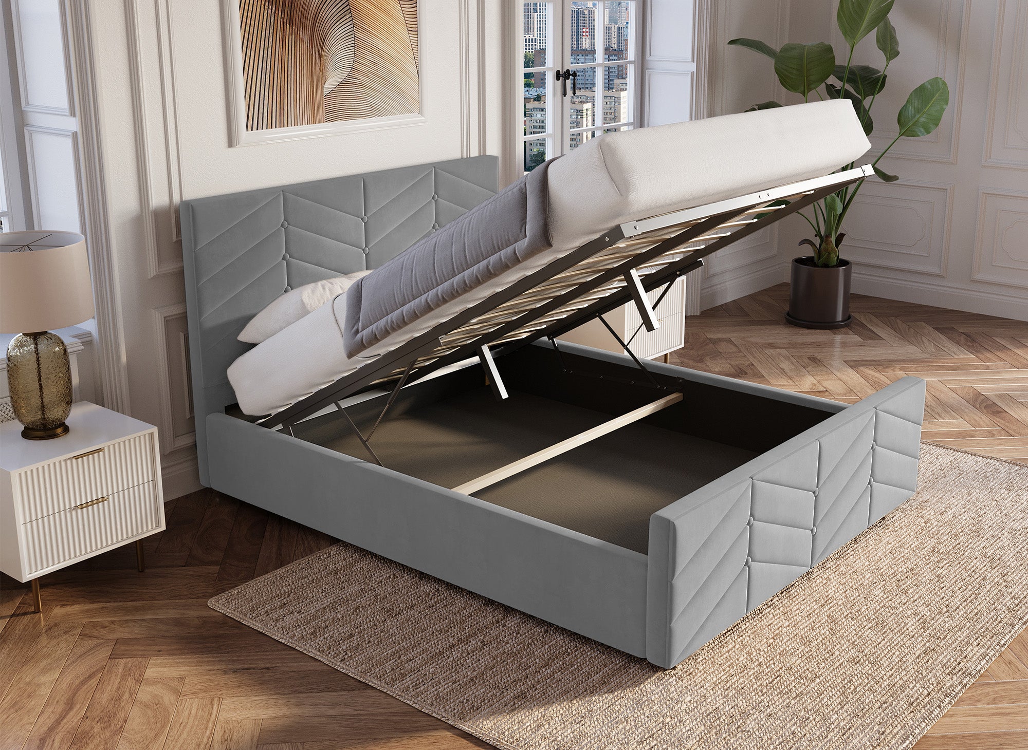 Cama PALMA con somier elevable y almacenaje en terciopelo gris, 180x200 cm