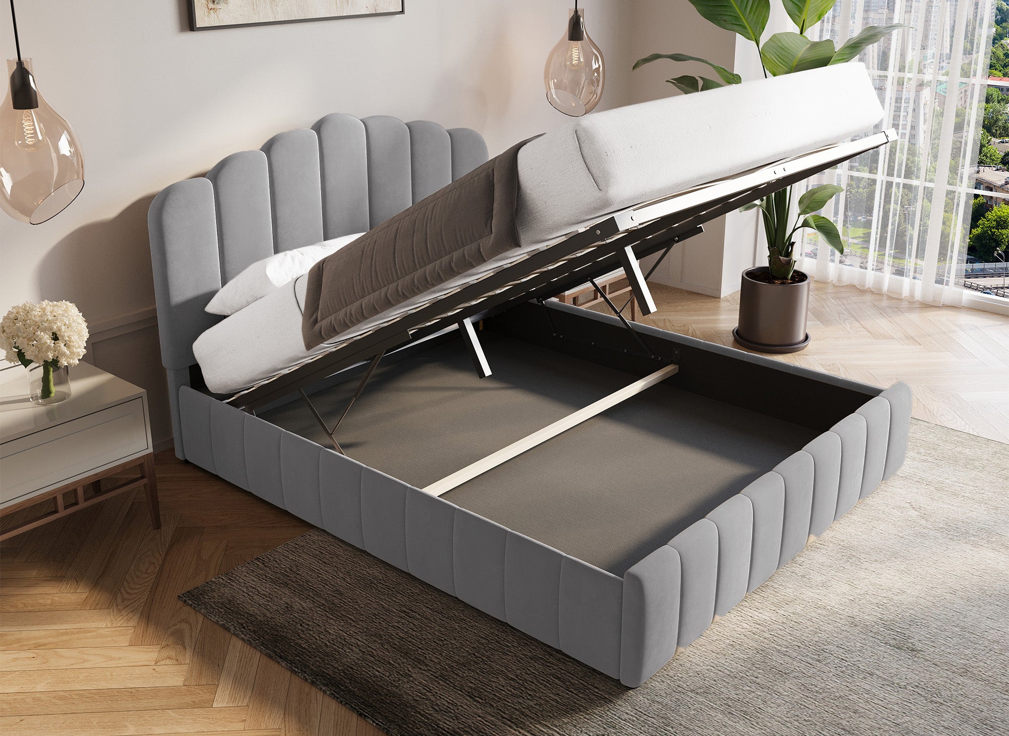 Cama con almacenaje ELVIRA de terciopelo gris 180x200 cm