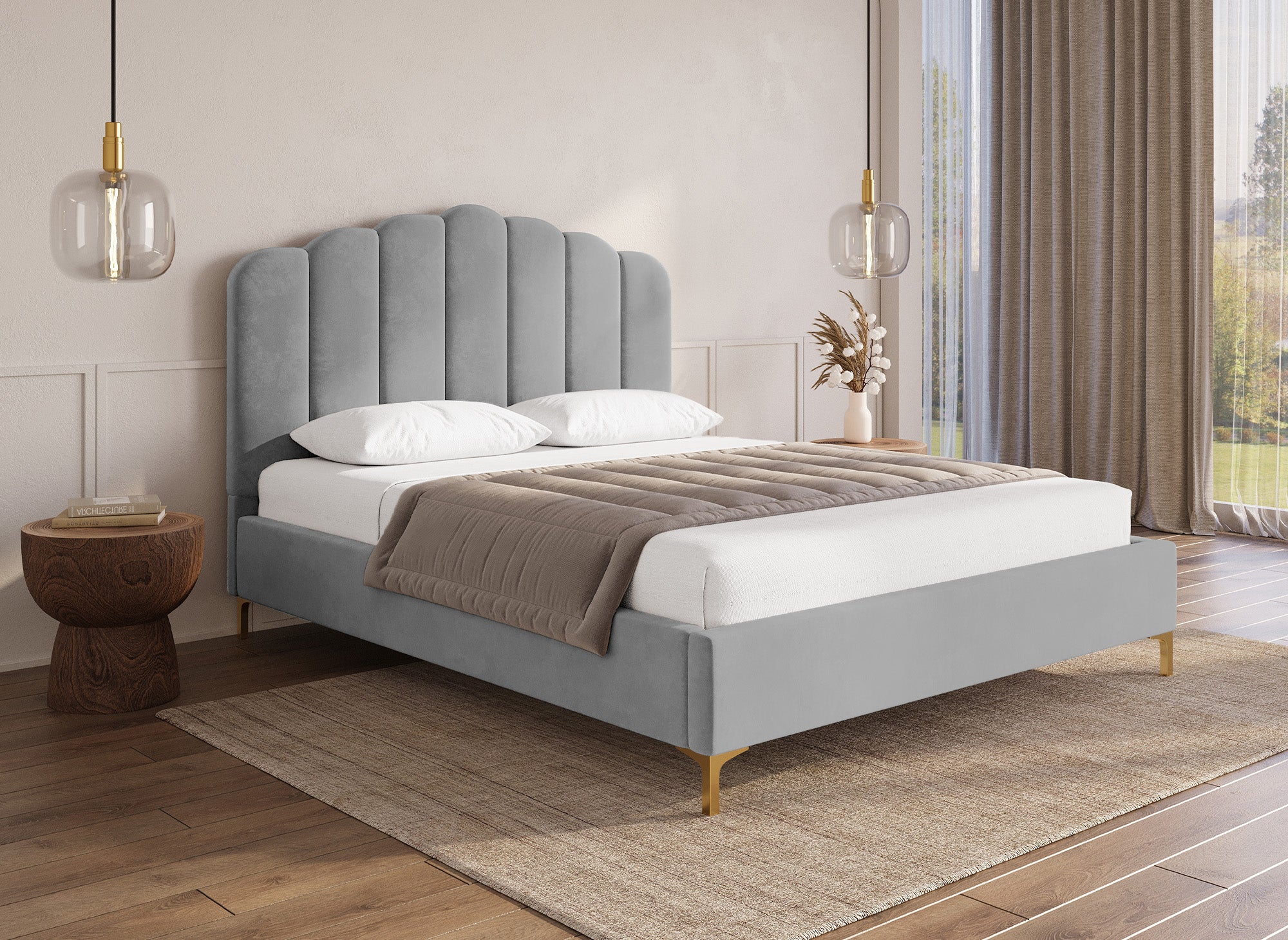 Cama doble MARION de terciopelo gris, 180 x 200 cm