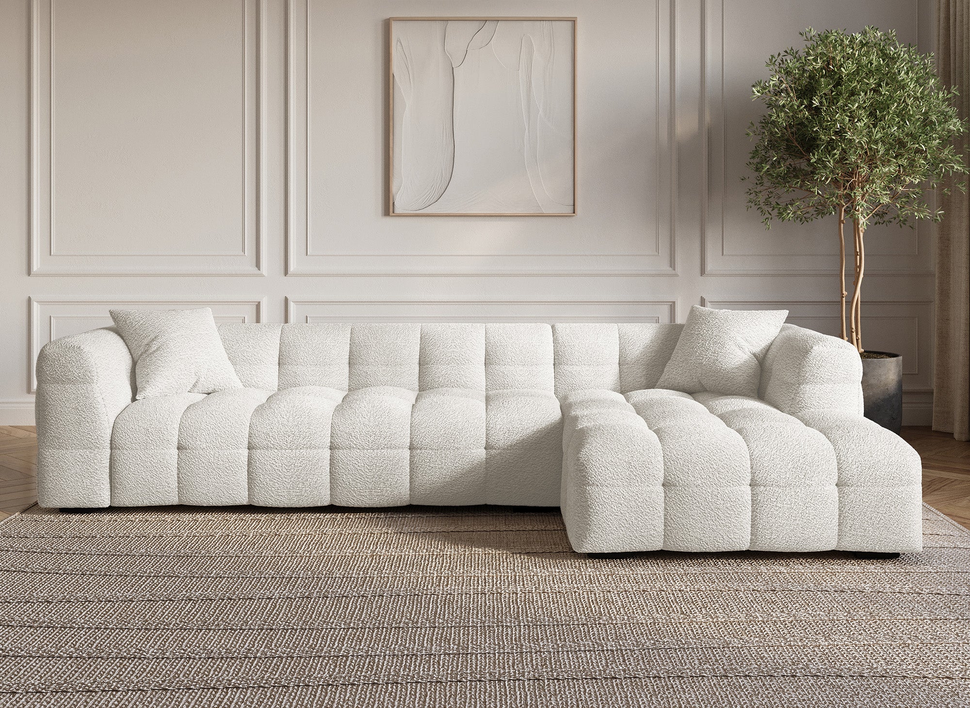 Sofá esquinero BELLA color blanco hueso con efecto piel de oveja - Esquina derecha