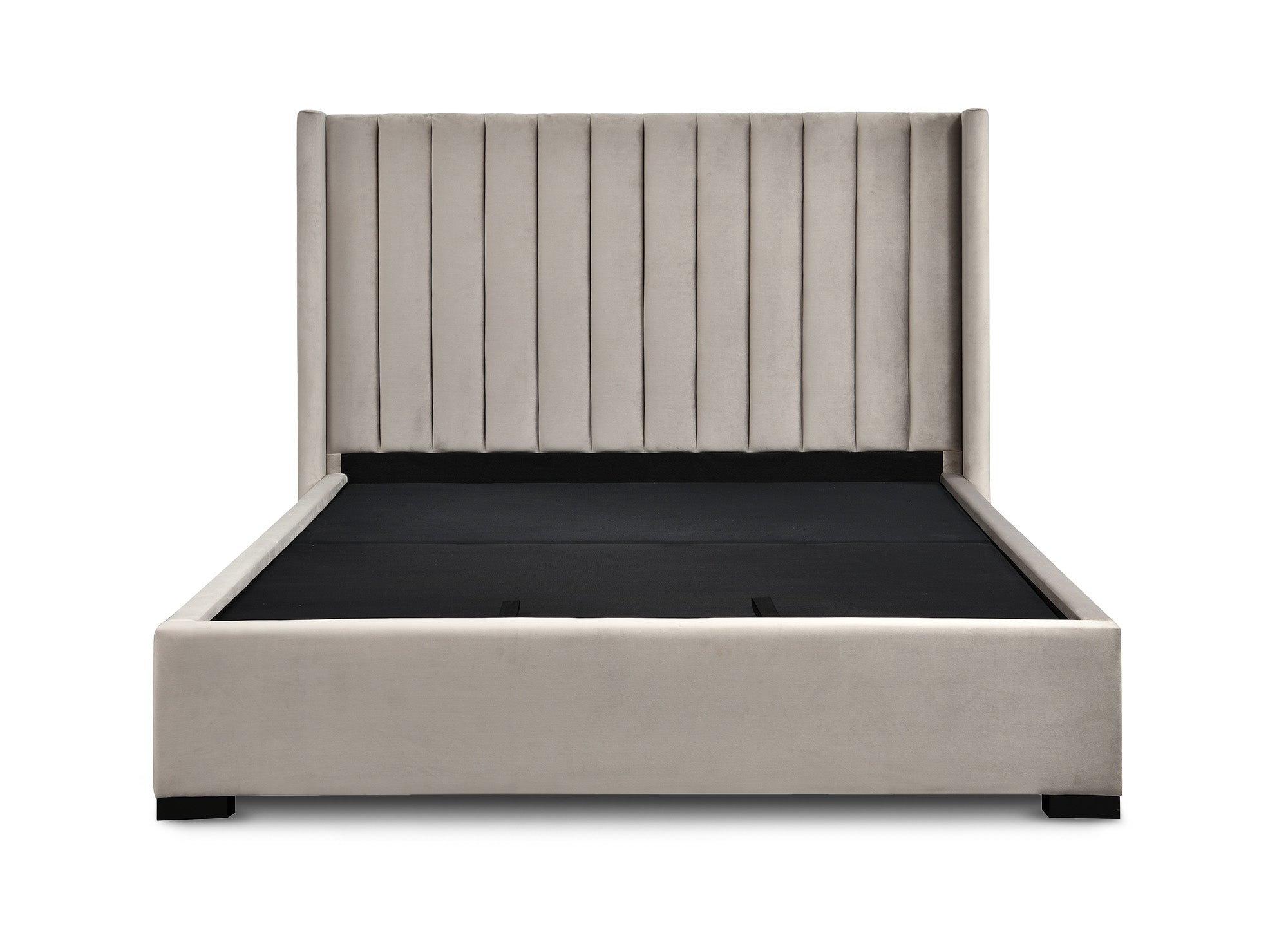 Cama con almacenaje ALENA de terciopelo color topo, 180x200 cm