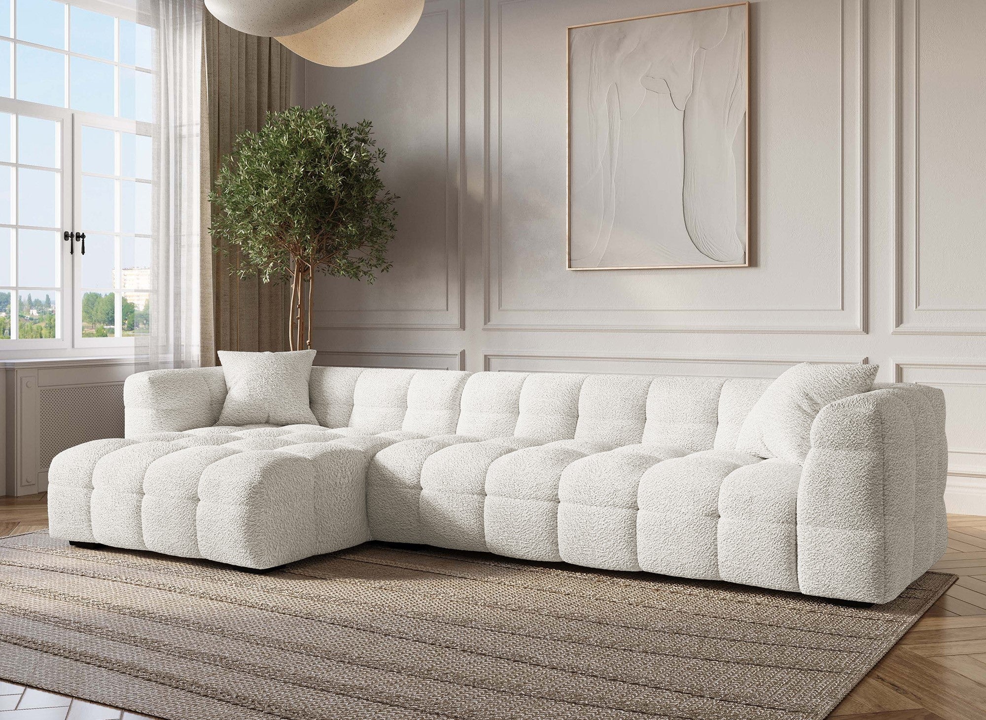 Sofá esquinero BELLA en efecto piel de oveja color blanco hueso - Esquina izquierda